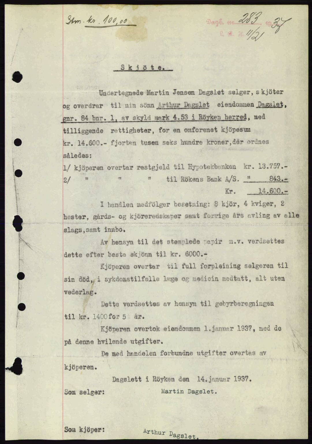 Lier, Røyken og Hurum sorenskriveri, SAKO/A-89/G/Ga/Gab/L0056: Mortgage book no. 56, 1937-1937, Diary no: : 283/1937