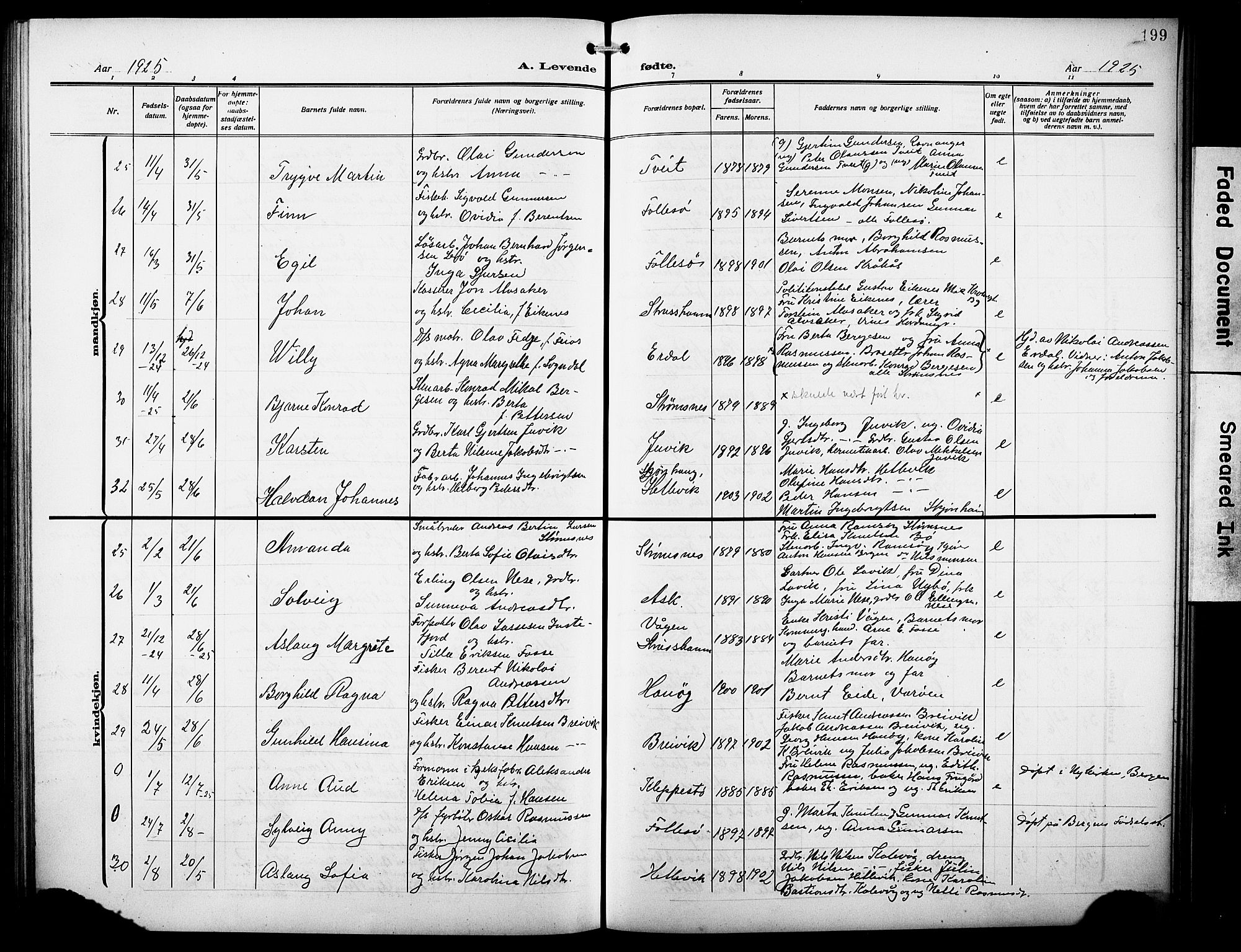 Askøy Sokneprestembete, AV/SAB-A-74101/H/Ha/Hab/Haba/L0011: Parish register (copy) no. A 11, 1908-1931, p. 199