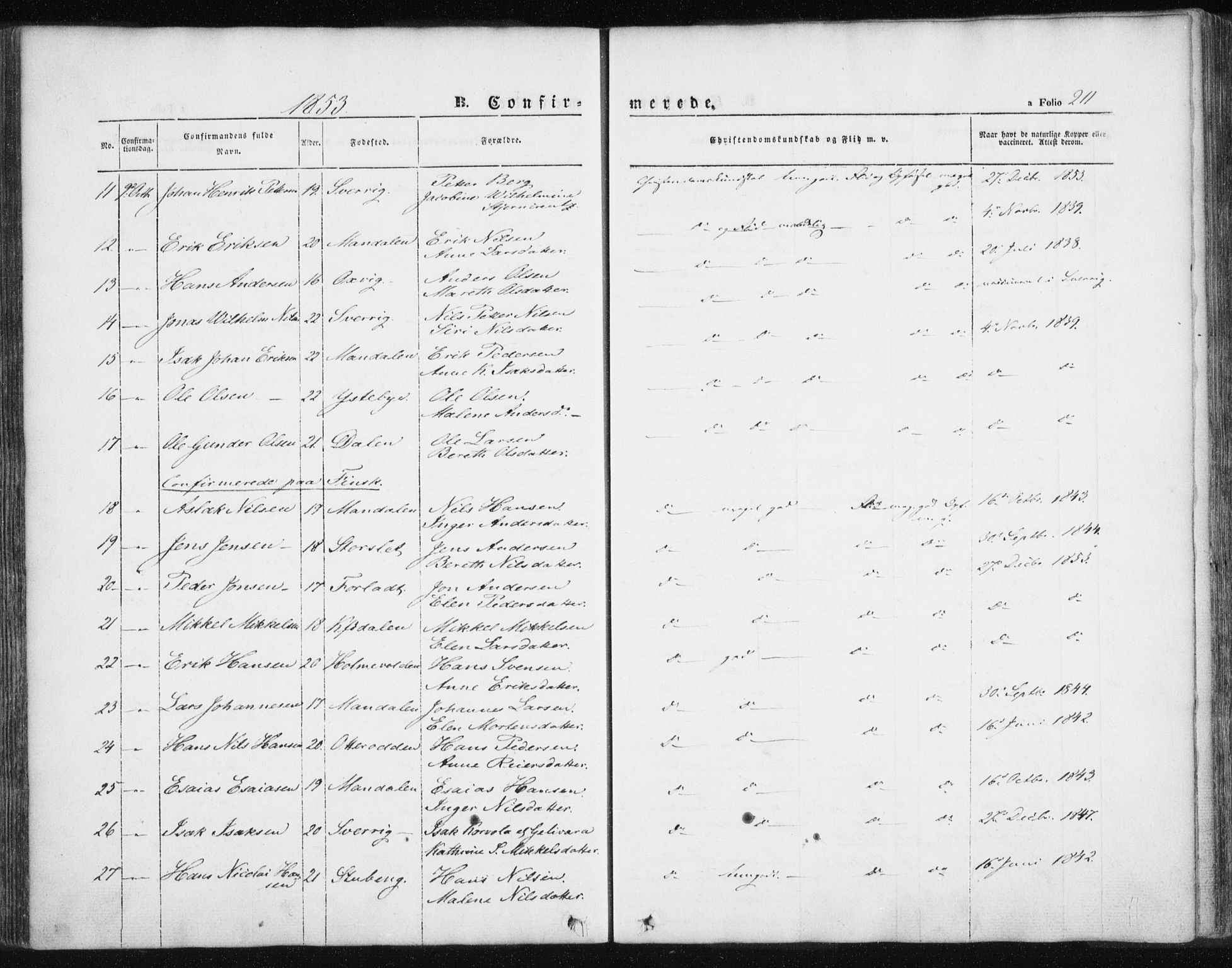 Lyngen sokneprestembete, SATØ/S-1289/H/He/Hea/L0004kirke: Parish register (official) no. 4, 1839-1858, p. 211