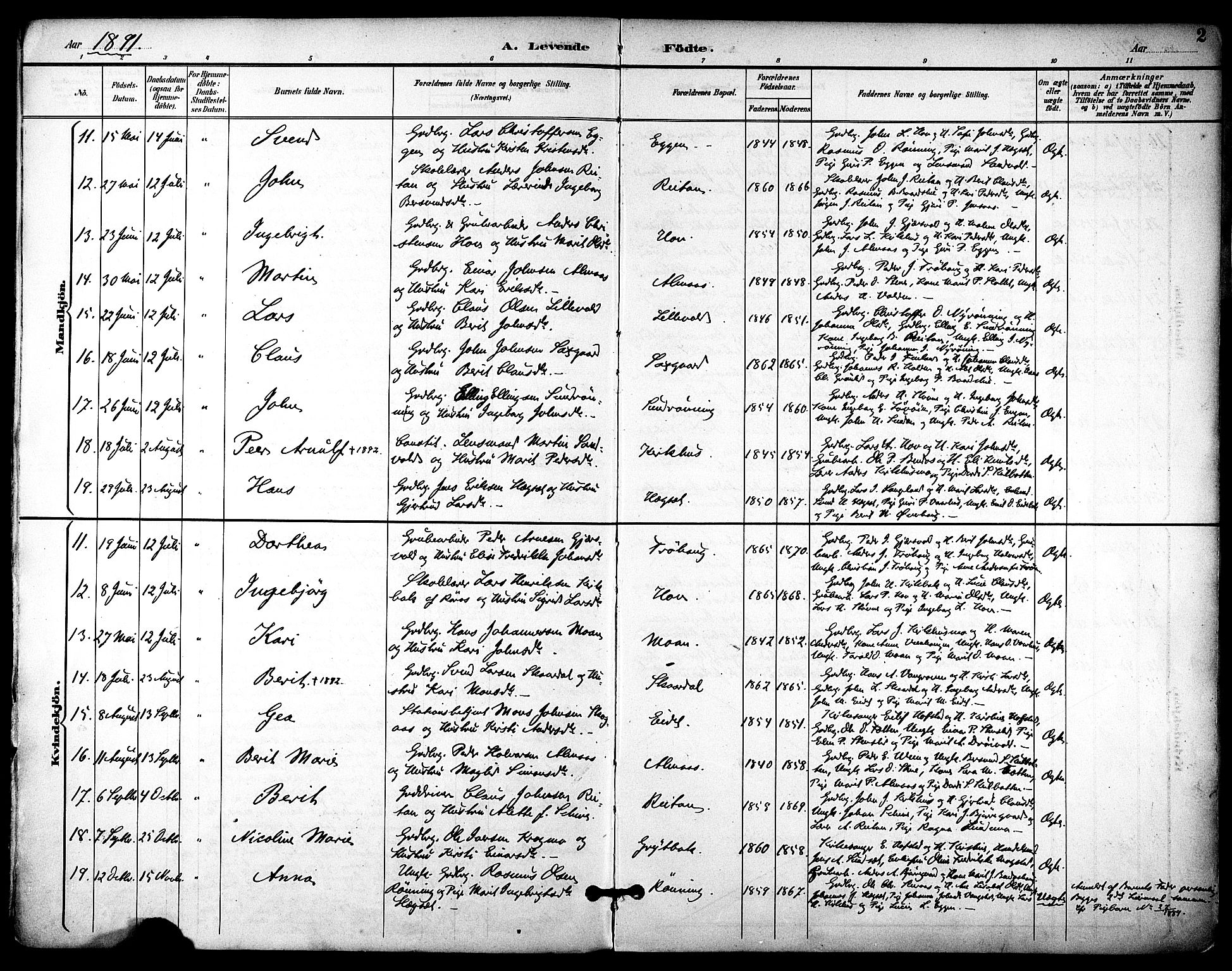 Ministerialprotokoller, klokkerbøker og fødselsregistre - Sør-Trøndelag, SAT/A-1456/686/L0984: Parish register (official) no. 686A02, 1891-1906, p. 2