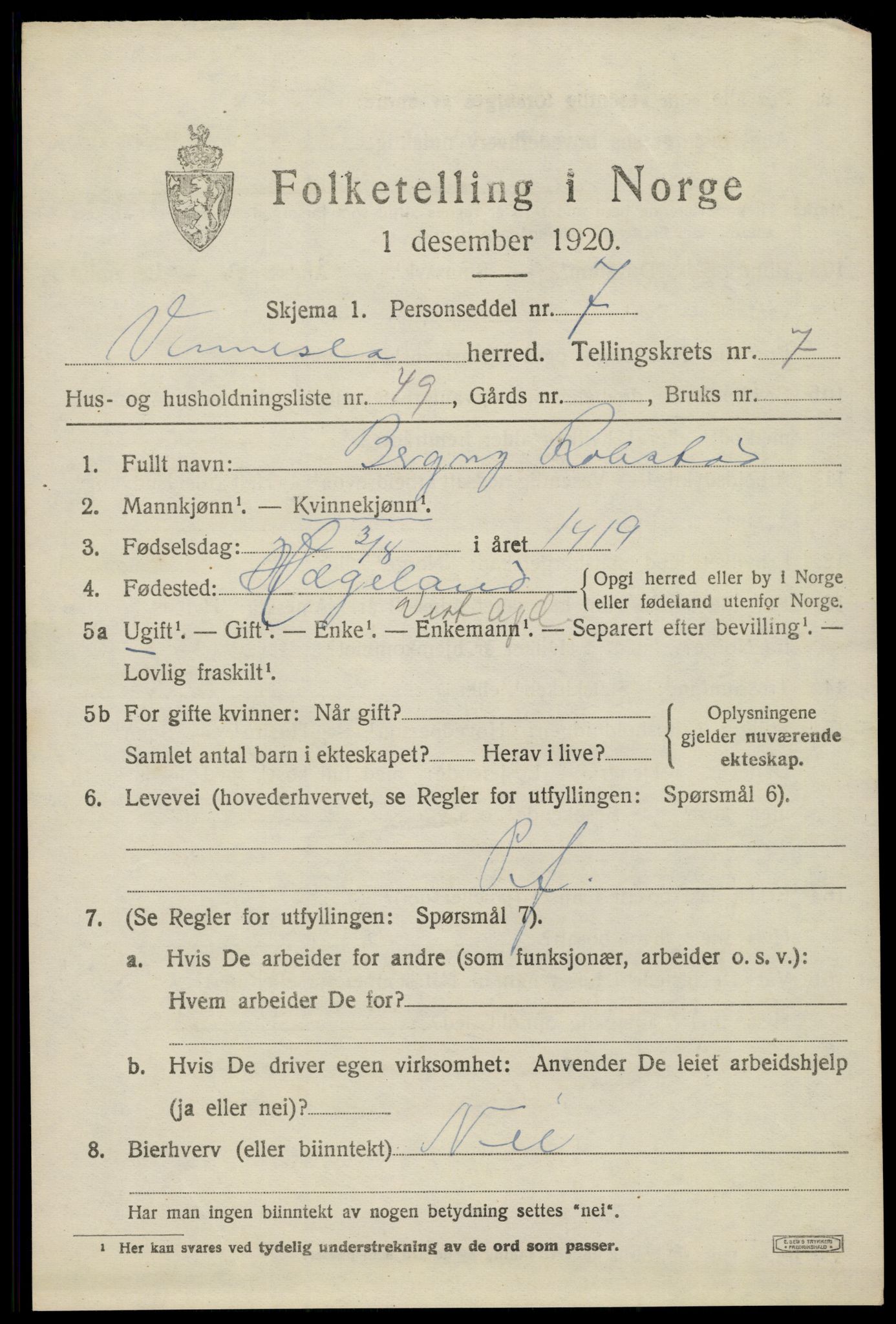 SAK, 1920 census for Vennesla, 1920, p. 5506