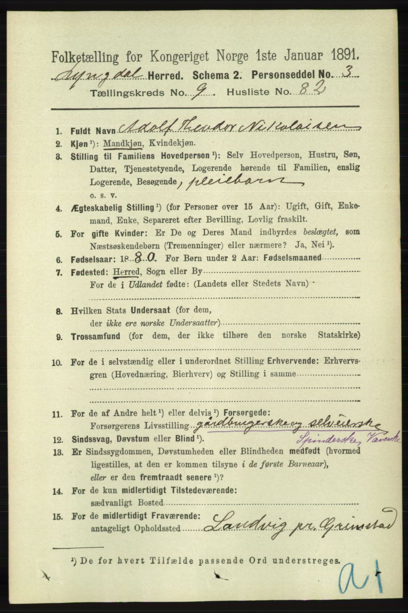 RA, 1891 census for 1032 Lyngdal, 1891, p. 4151