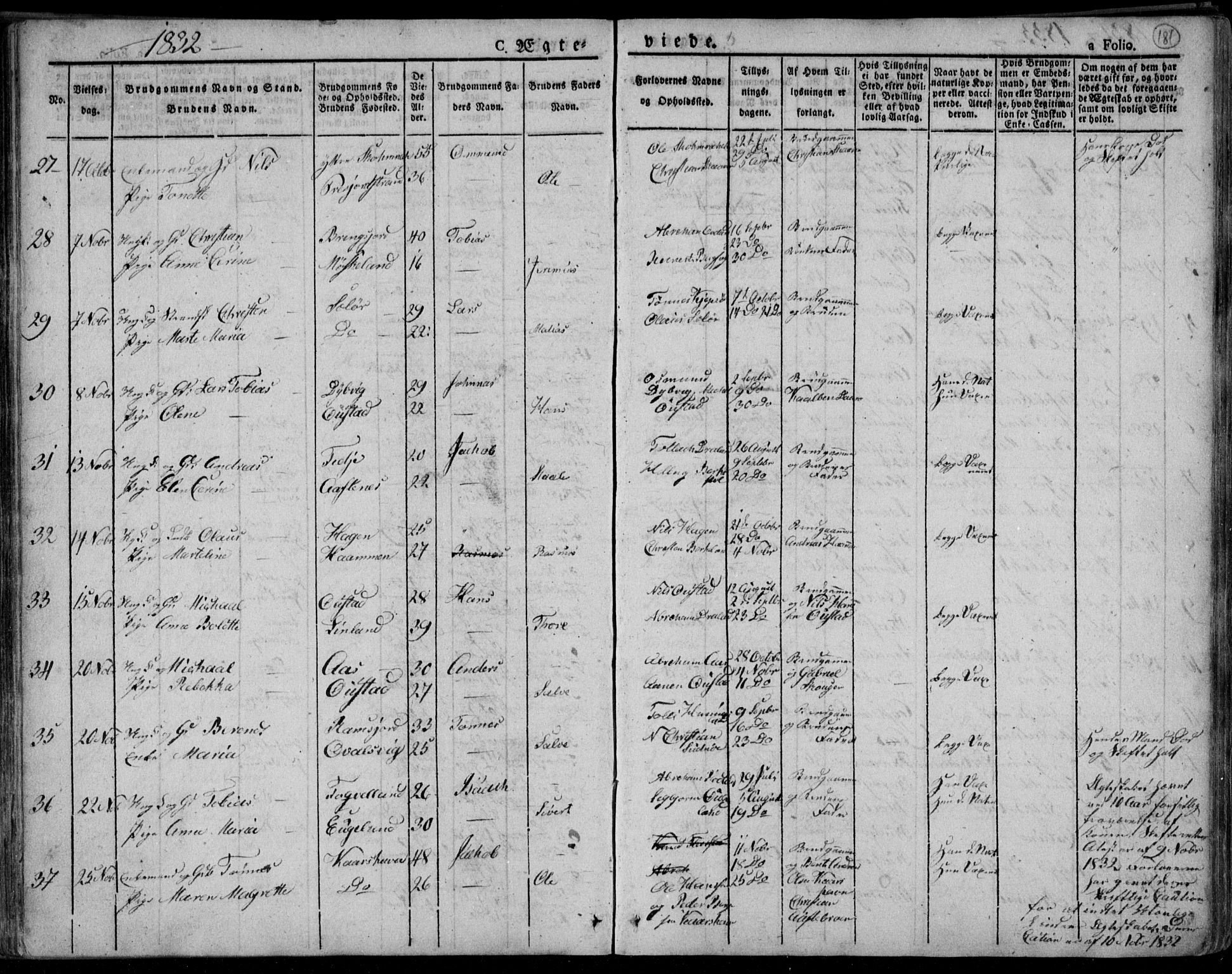 Lyngdal sokneprestkontor, AV/SAK-1111-0029/F/Fa/Fac/L0007: Parish register (official) no. A 7, 1825-1838, p. 181