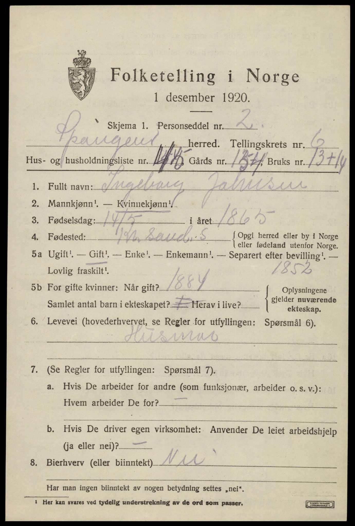 SAK, 1920 census for Spangereid, 1920, p. 2561