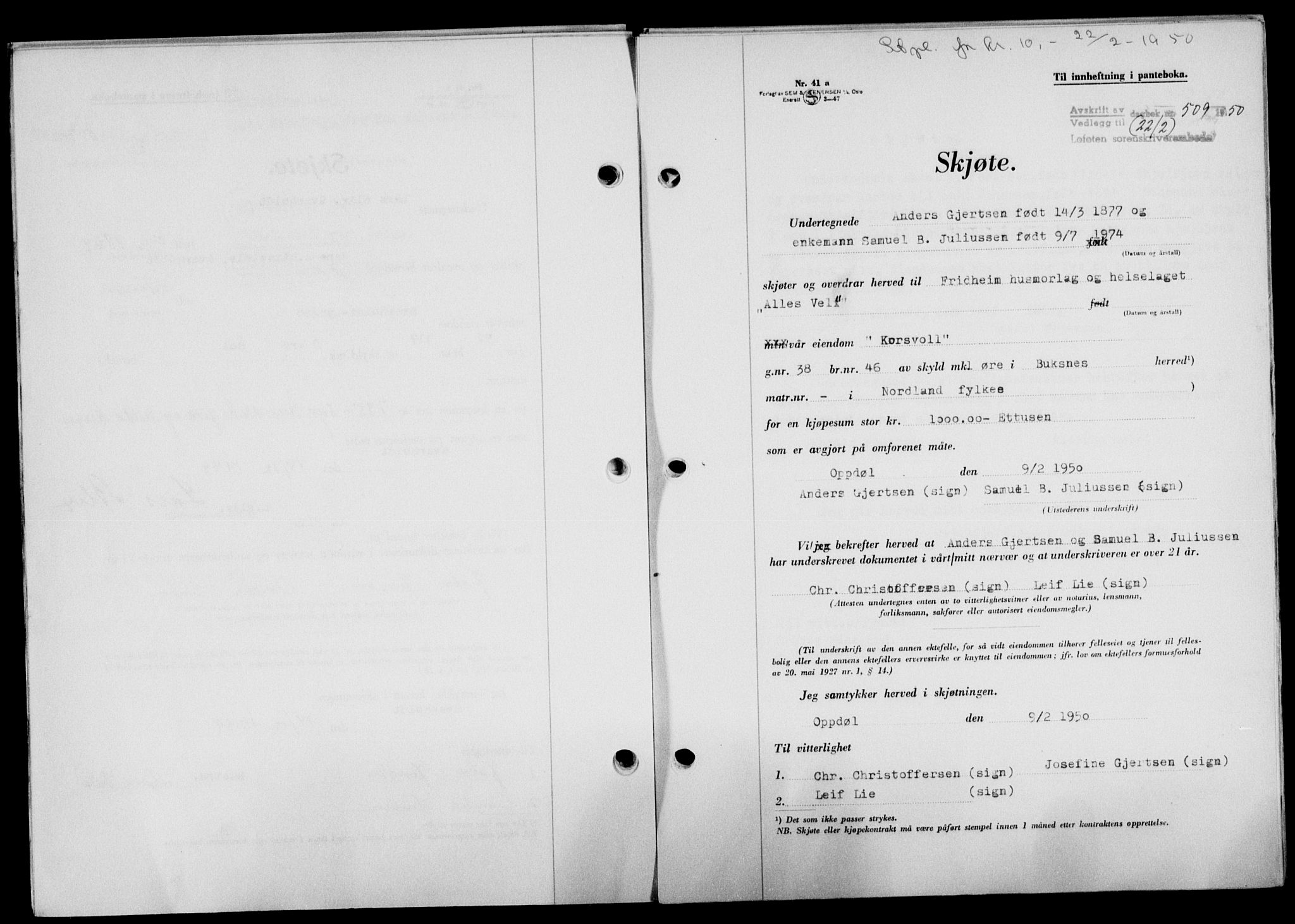 Lofoten sorenskriveri, SAT/A-0017/1/2/2C/L0023a: Mortgage book no. 23a, 1950-1950, Diary no: : 509/1950