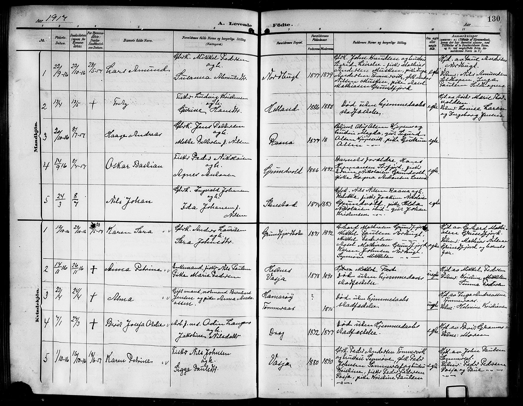 Ministerialprotokoller, klokkerbøker og fødselsregistre - Nordland, AV/SAT-A-1459/861/L0877: Parish register (copy) no. 861C03, 1903-1919, p. 130