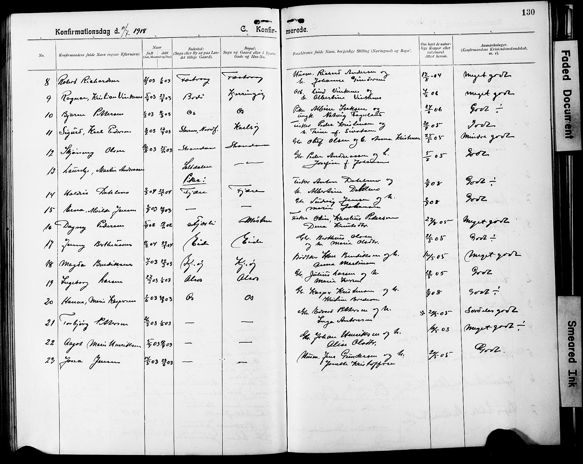 Ministerialprotokoller, klokkerbøker og fødselsregistre - Nordland, SAT/A-1459/803/L0077: Parish register (copy) no. 803C04, 1897-1930, p. 130