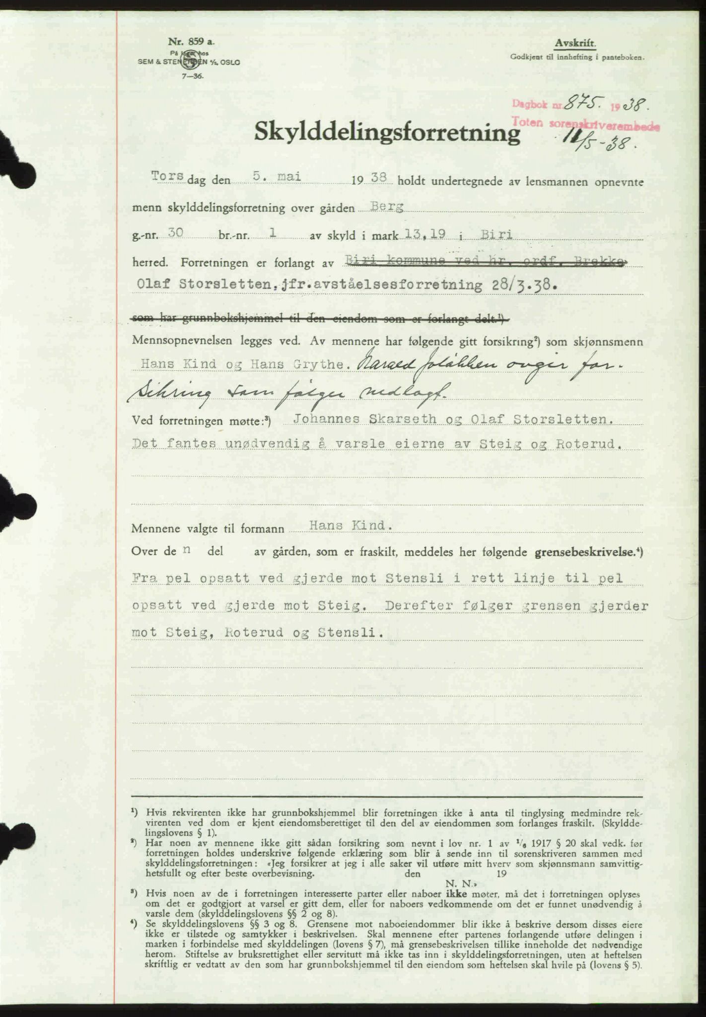 Toten tingrett, SAH/TING-006/H/Hb/Hbc/L0004: Mortgage book no. Hbc-04, 1938-1938, Diary no: : 875/1938