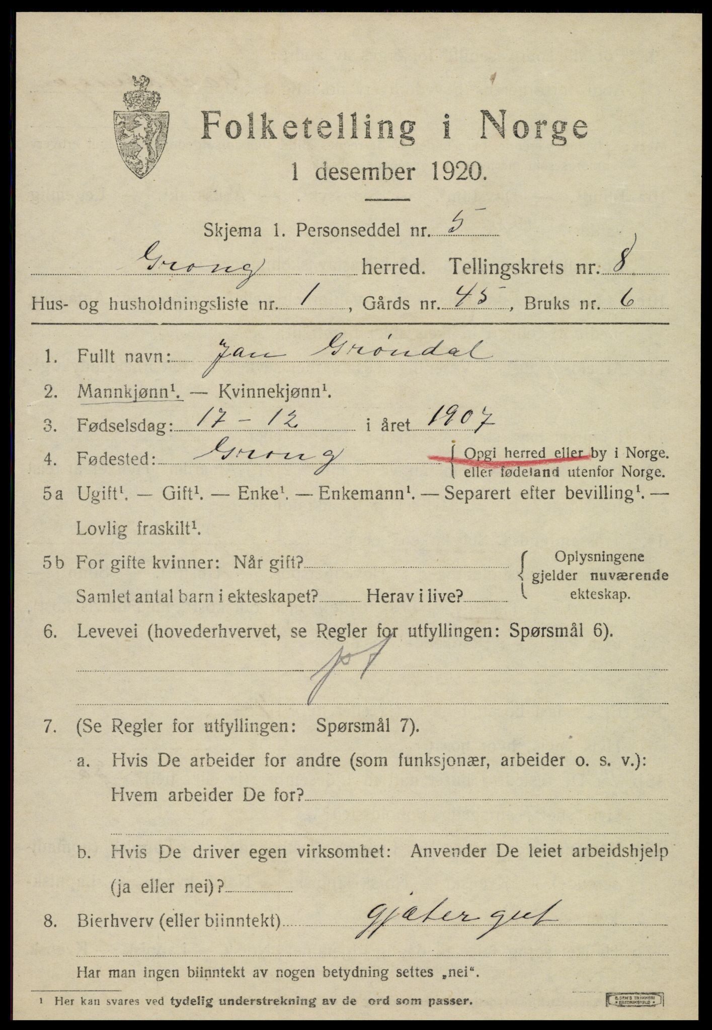 SAT, 1920 census for Grong, 1920, p. 4839