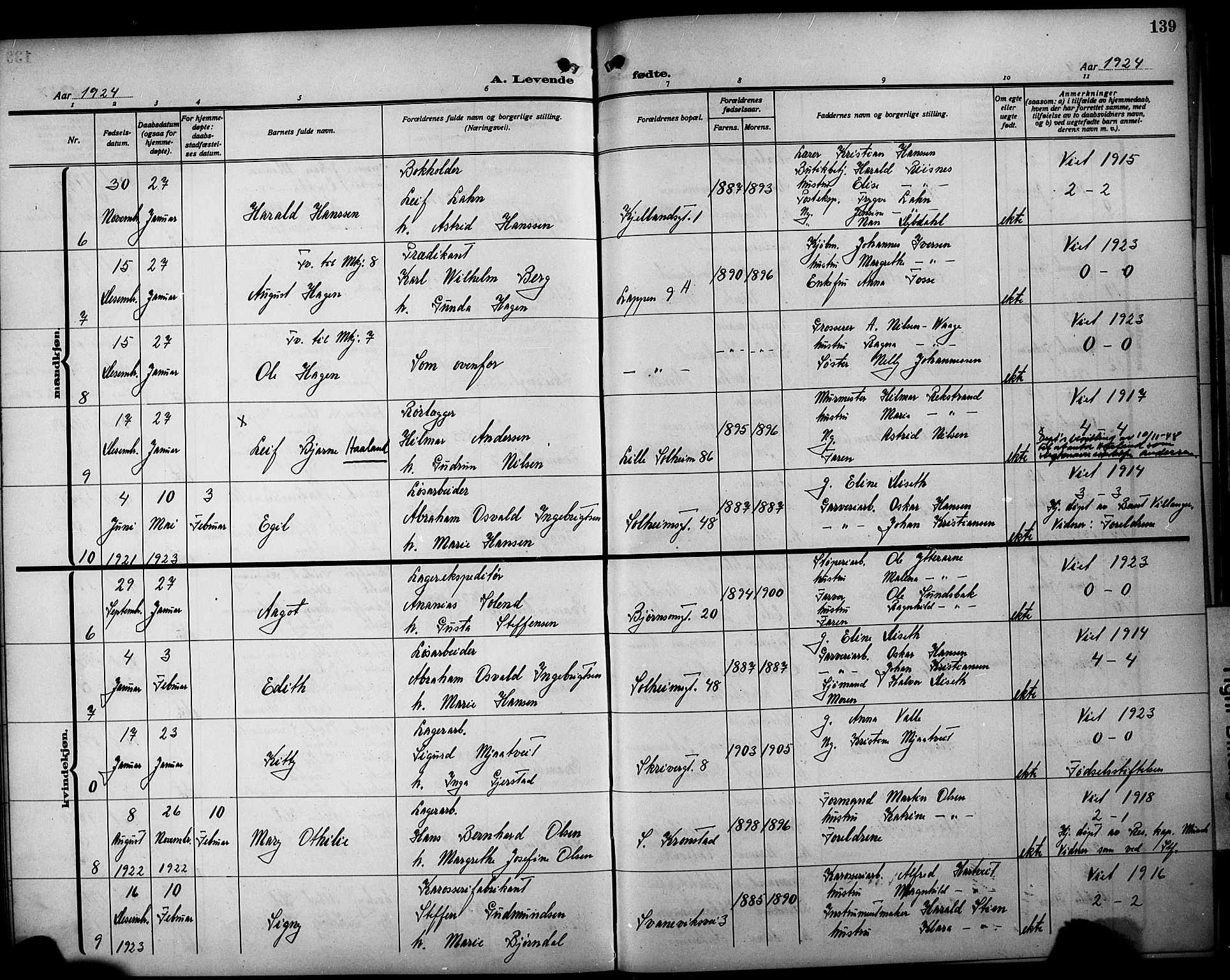 Årstad Sokneprestembete, AV/SAB-A-79301/H/Hab/L0004: Parish register (copy) no. A 4, 1921-1924, p. 139