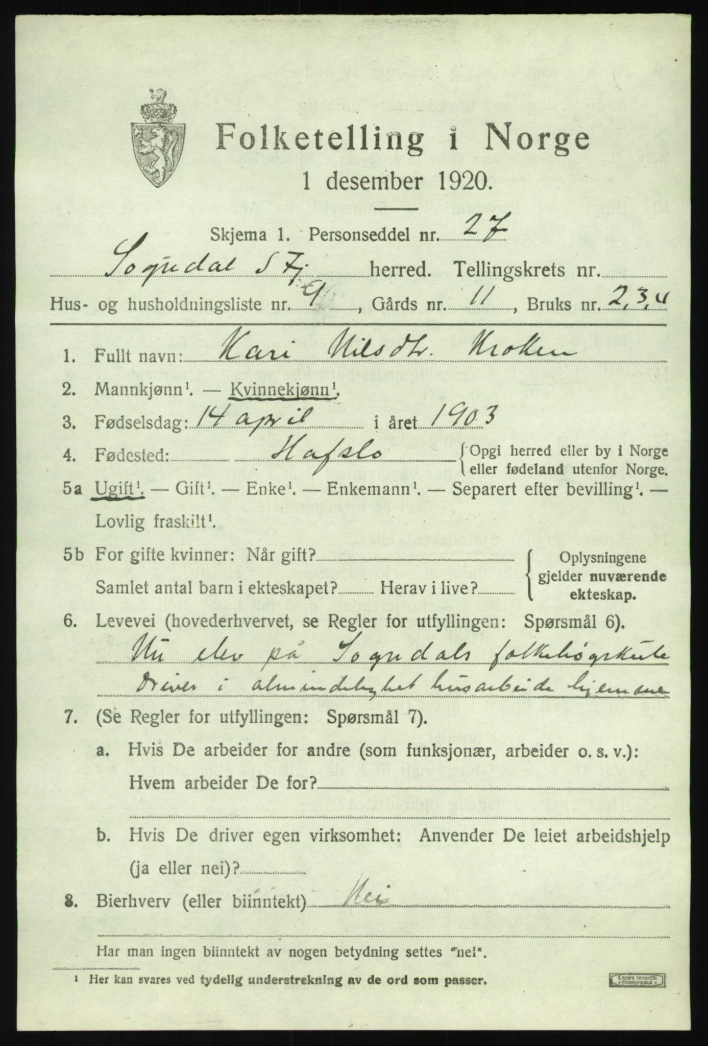 SAB, 1920 census for Sogndal, 1920, p. 2253