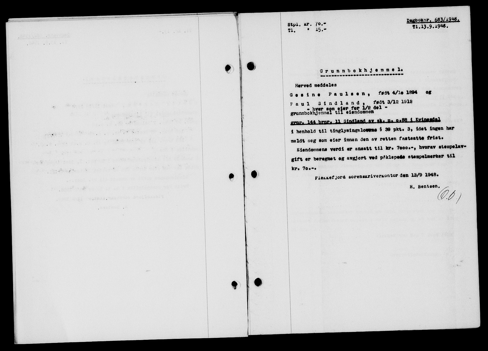 Flekkefjord sorenskriveri, SAK/1221-0001/G/Gb/Gba/L0064: Mortgage book no. A-12, 1948-1949, Diary no: : 683/1948