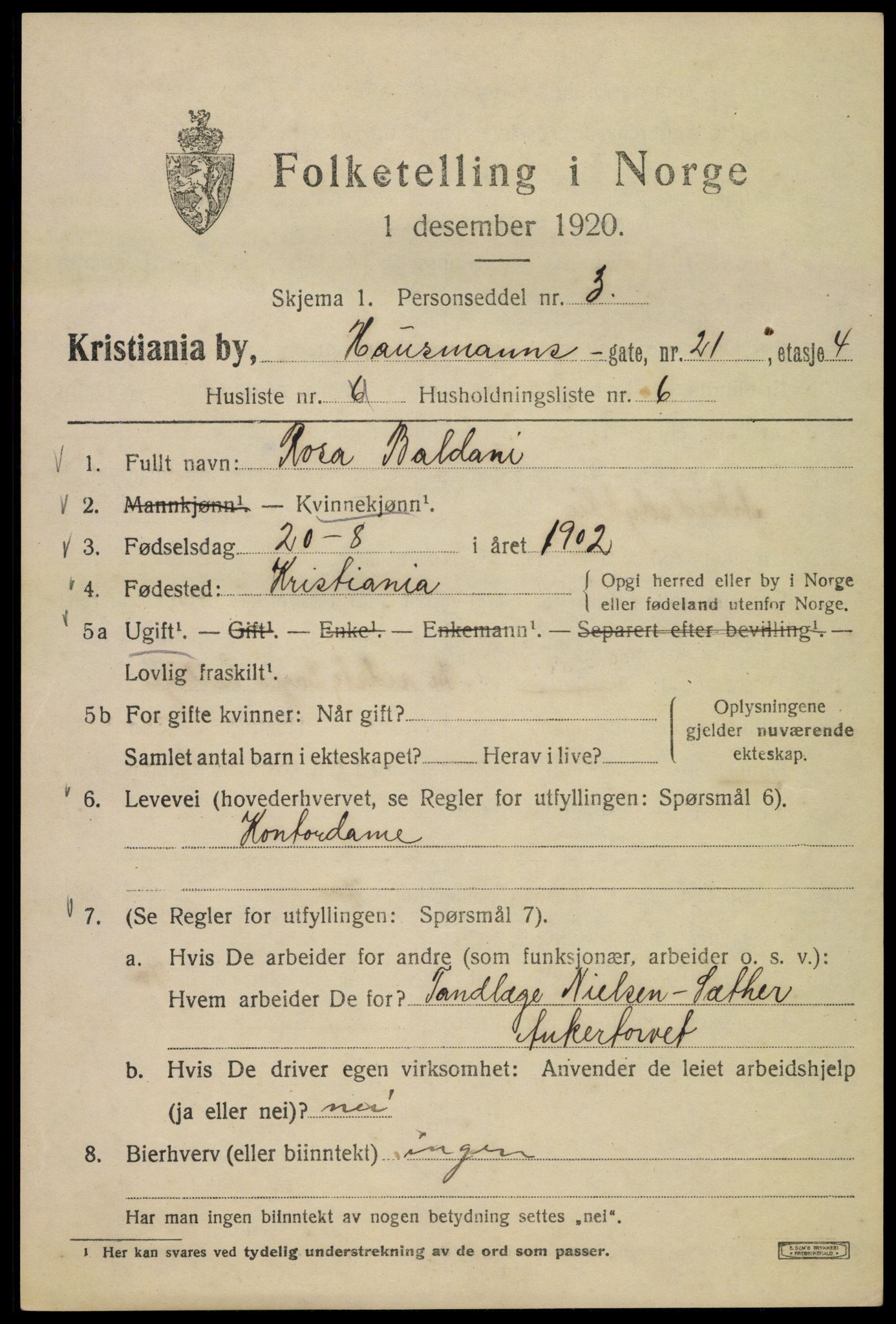 SAO, 1920 census for Kristiania, 1920, p. 273069