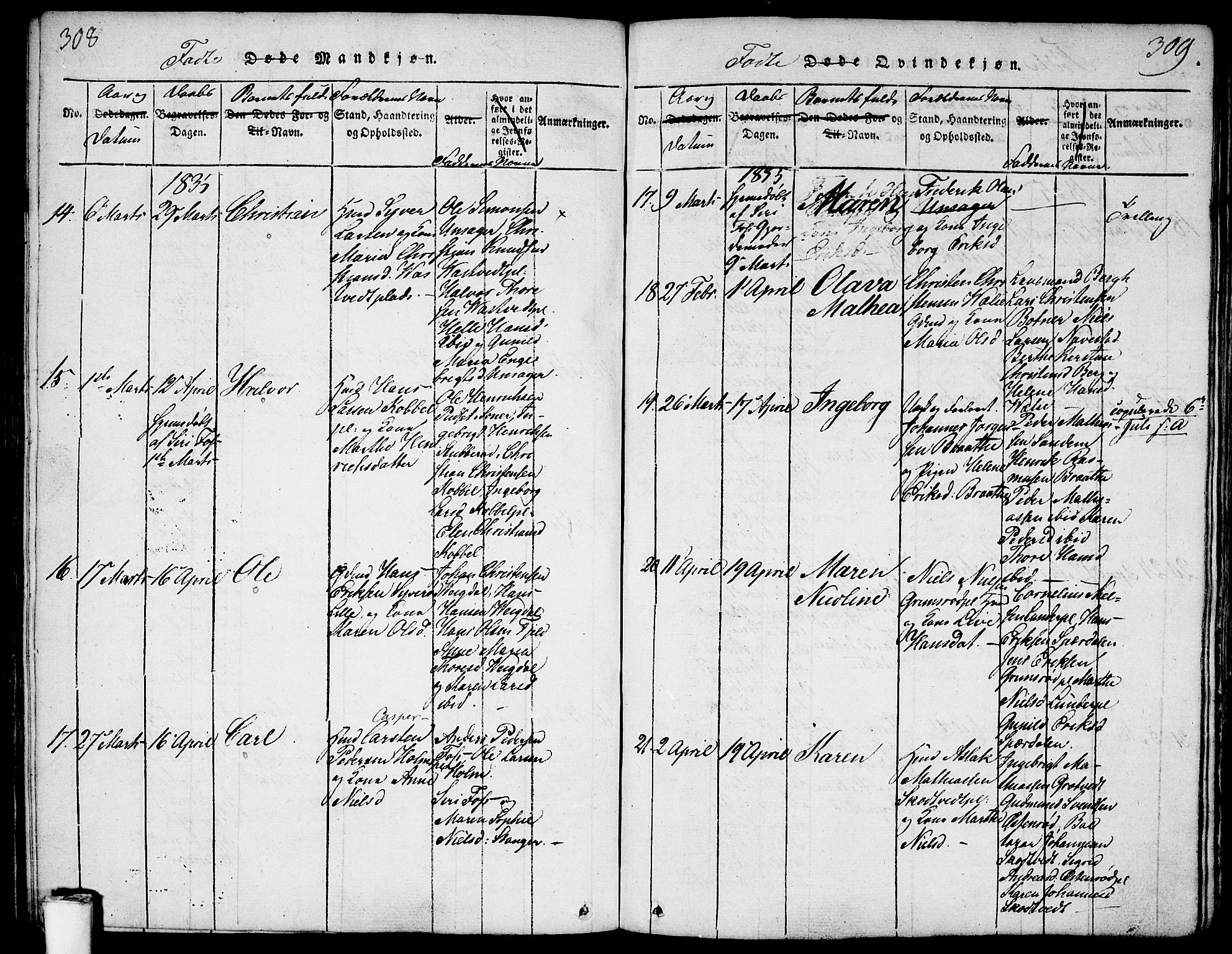 Våler prestekontor Kirkebøker, SAO/A-11083/F/Fa/L0005: Parish register (official) no. I 5, 1815-1839, p. 308-309