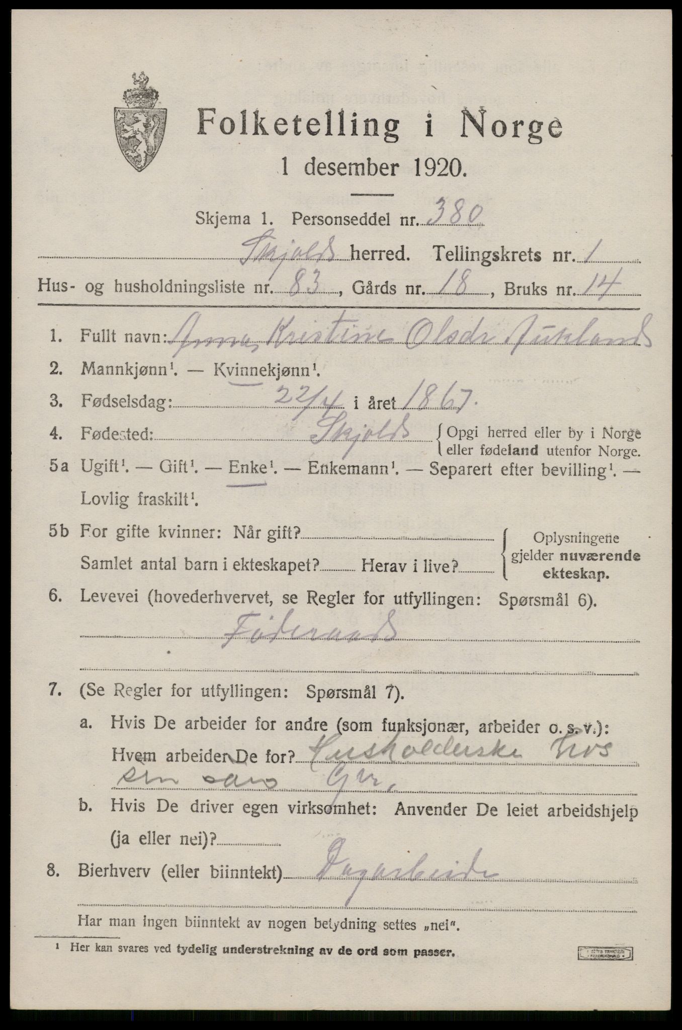 SAST, 1920 census for Skjold, 1920, p. 1672