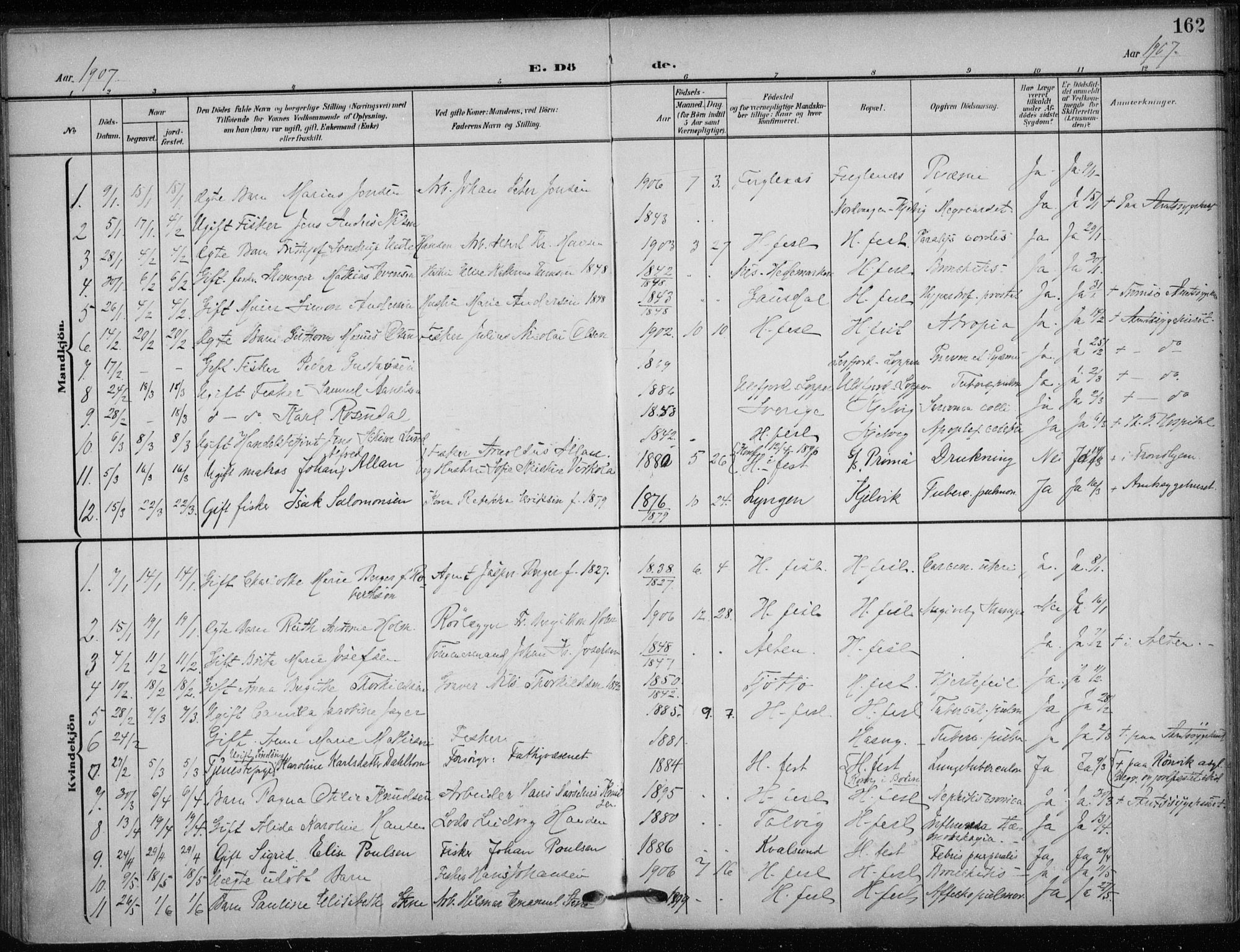Hammerfest sokneprestkontor, SATØ/S-1347/H/Ha/L0014.kirke: Parish register (official) no. 14, 1906-1916, p. 162