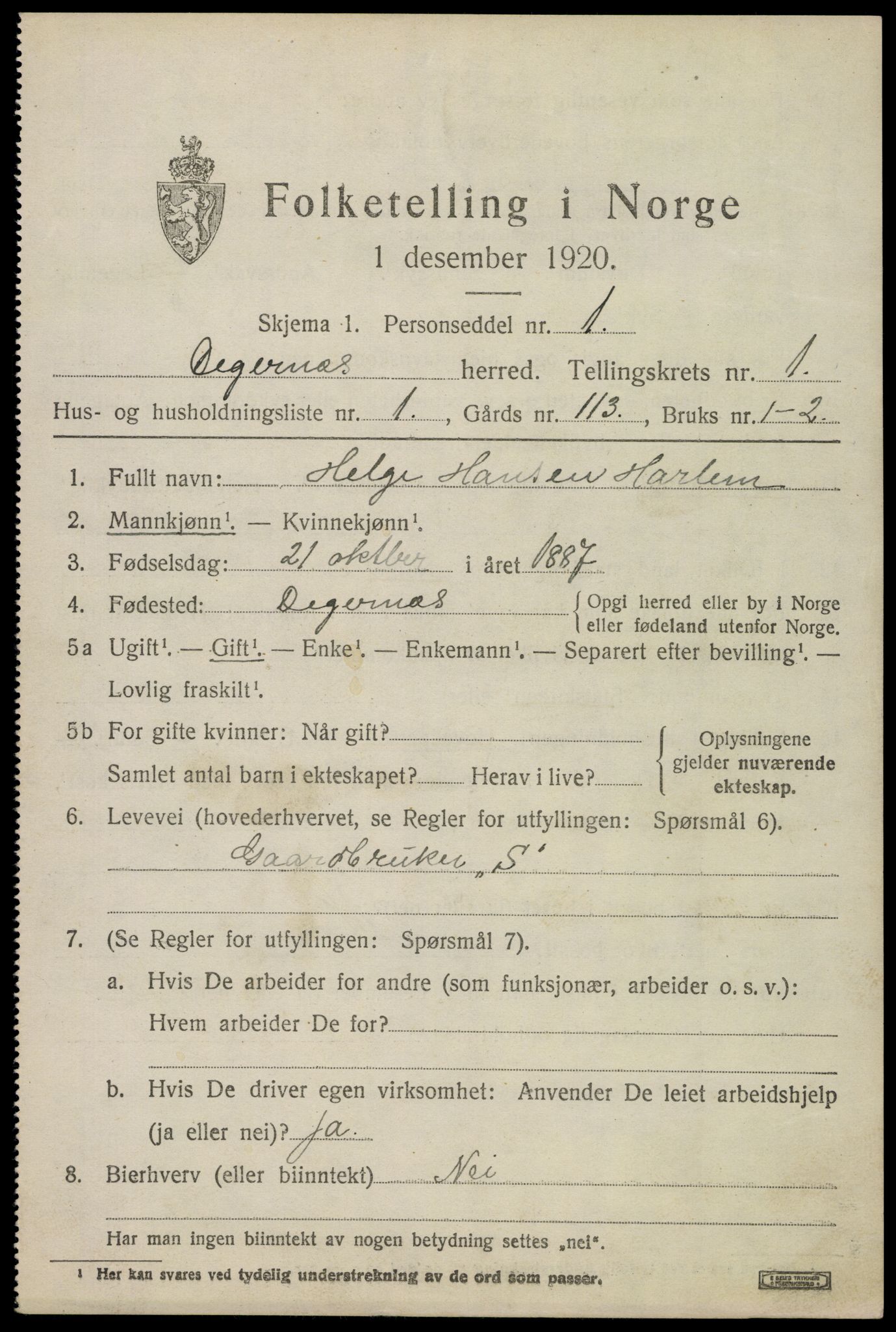 SAO, 1920 census for Degernes, 1920, p. 602