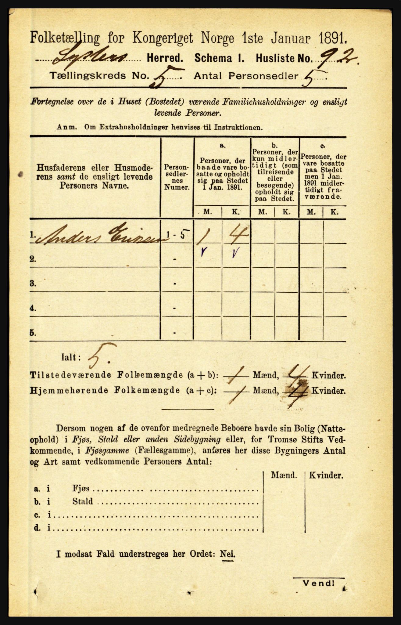 RA, 1891 census for 1426 Luster, 1891, p. 1579