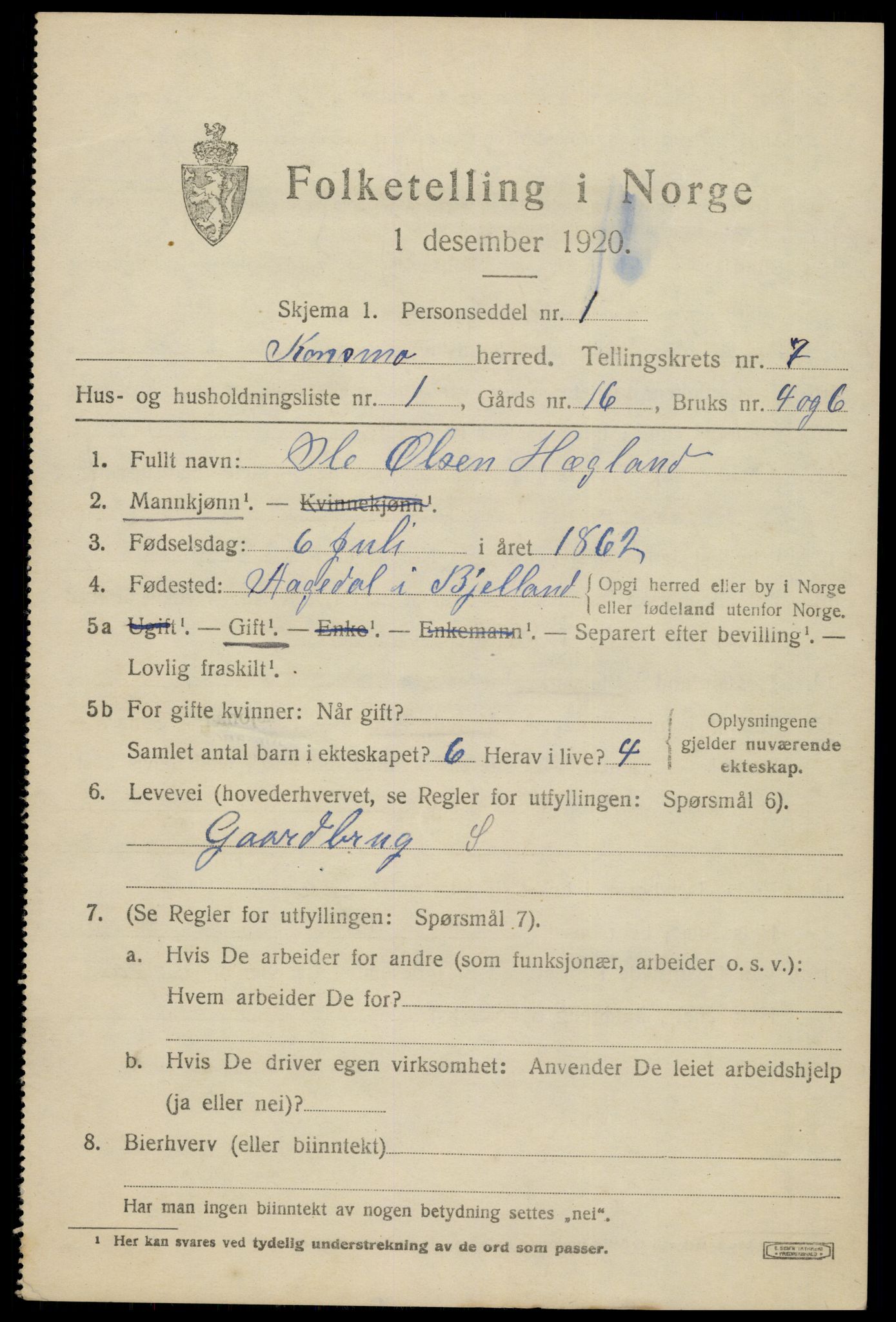 SAK, 1920 census for Konsmo, 1920, p. 1464