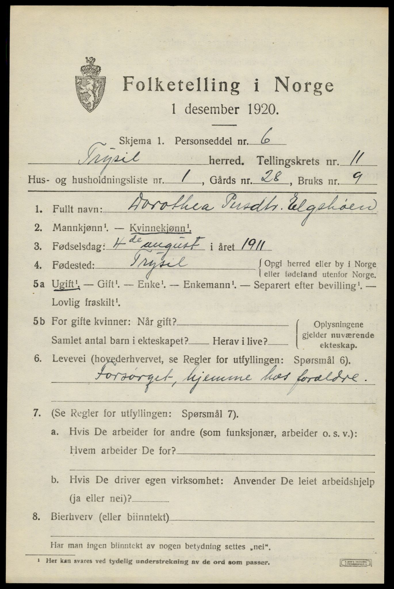 SAH, 1920 census for Trysil, 1920, p. 6967