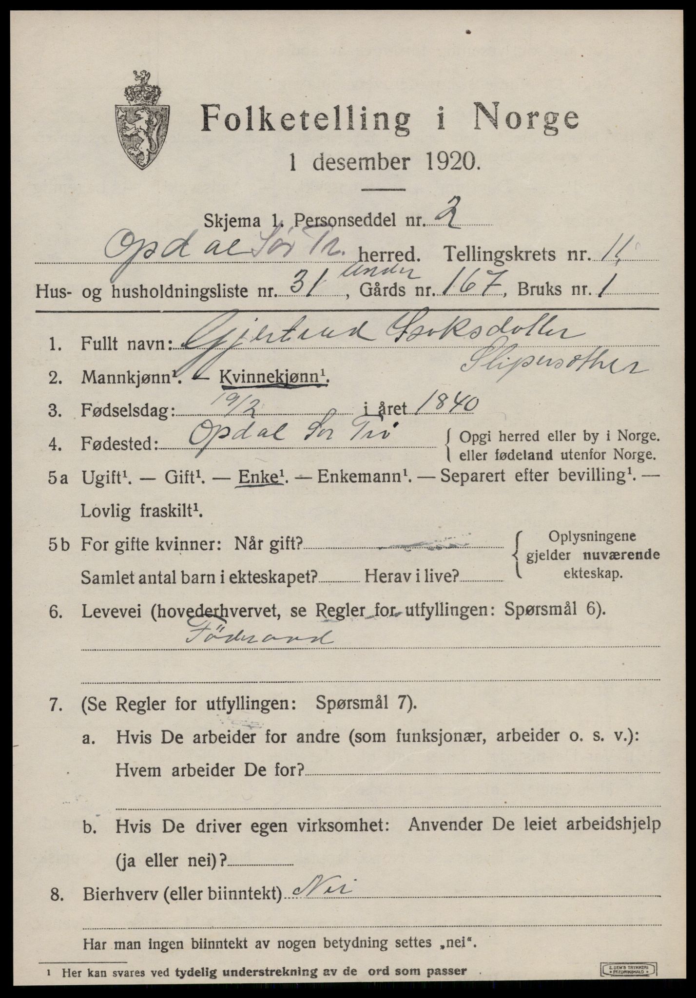 SAT, 1920 census for Oppdal, 1920, p. 9581