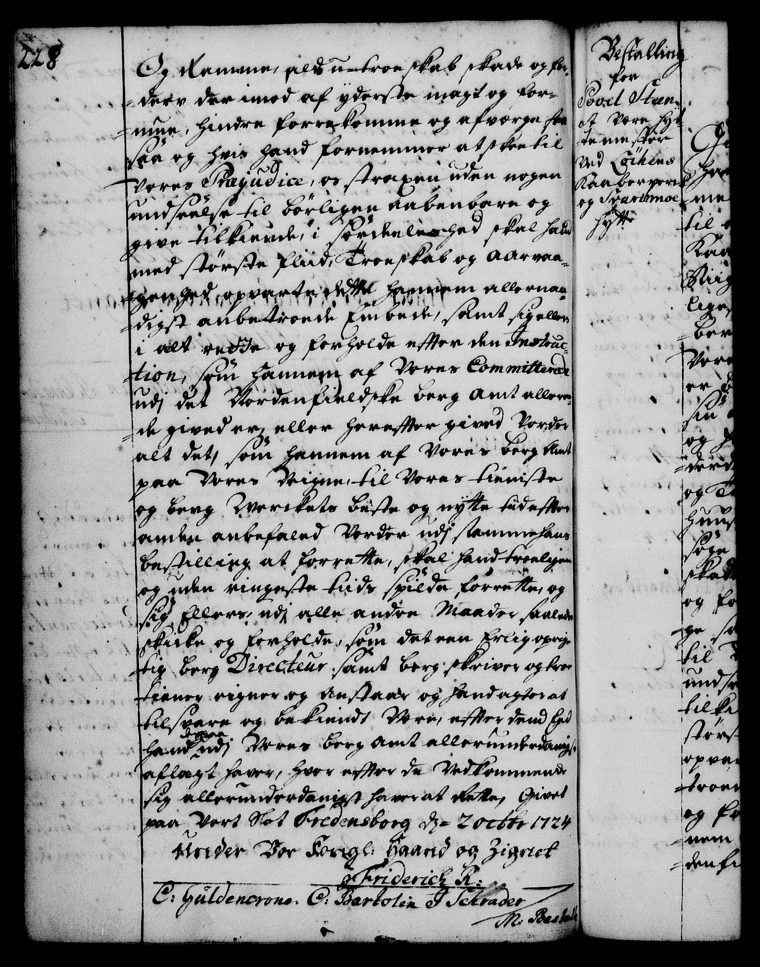 Rentekammeret, Kammerkanselliet, RA/EA-3111/G/Gg/Gge/L0001: Norsk bestallingsprotokoll med register (merket RK 53.25), 1720-1730, p. 228