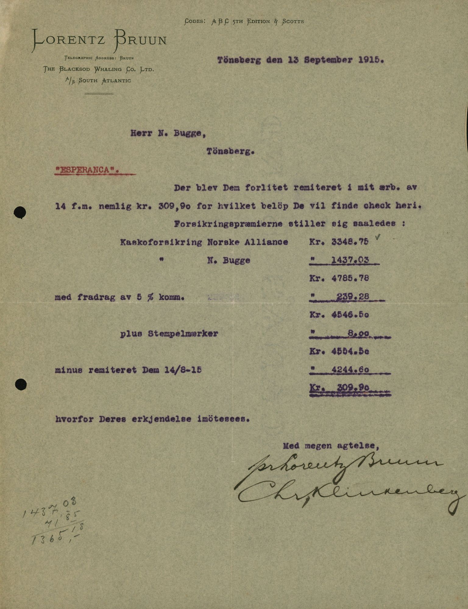 Pa 664 - Tønsberg Sjøforsikringsselskap, VEMU/A-1773/D/Da/L0001: Mai - November
Oscar Aalborg, 1915