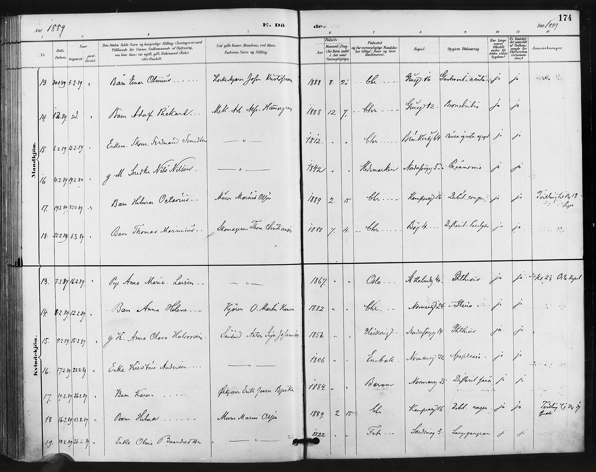 Kampen prestekontor Kirkebøker, AV/SAO-A-10853/F/Fa/L0004: Parish register (official) no. I 4, 1885-1892, p. 174