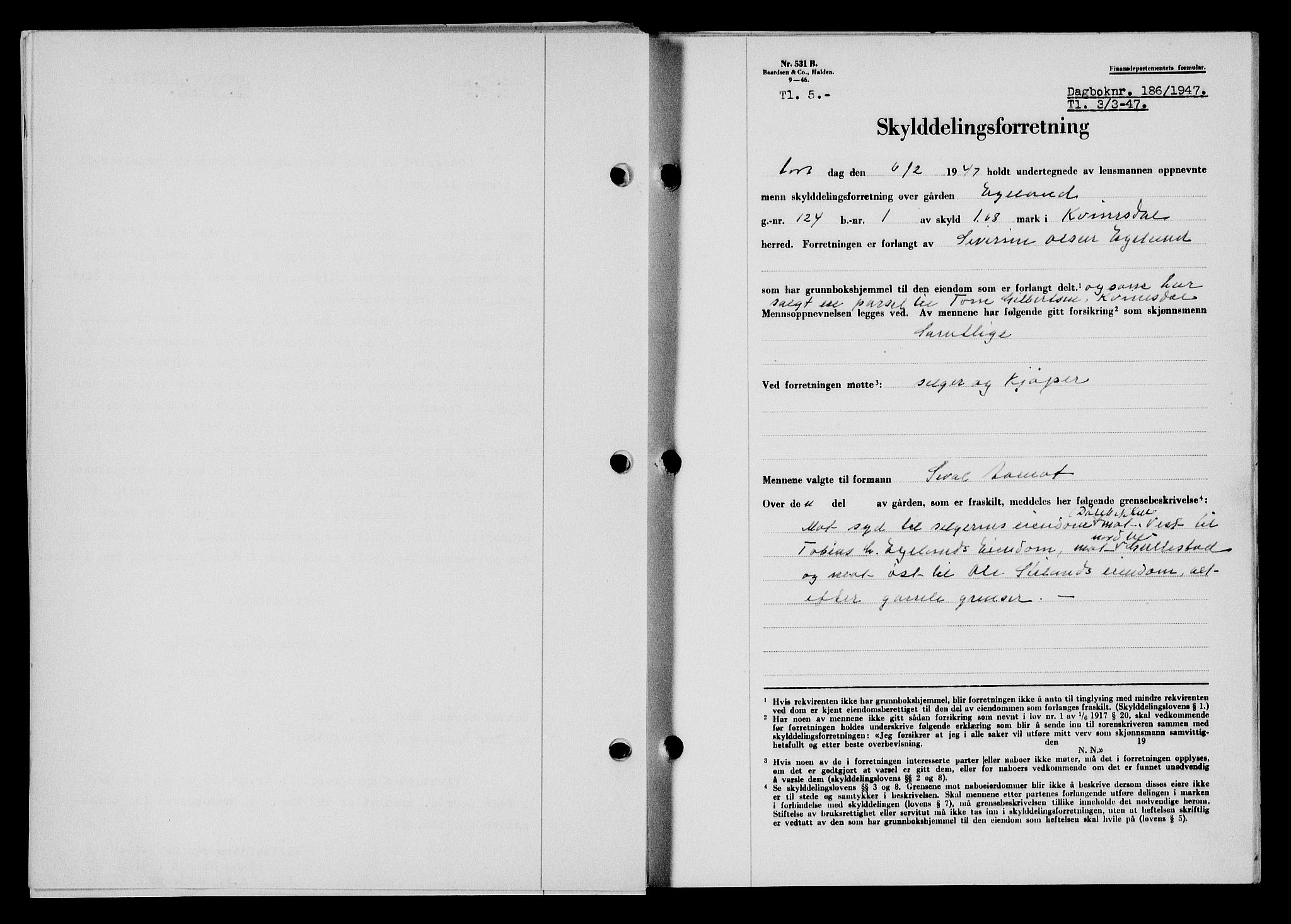 Flekkefjord sorenskriveri, SAK/1221-0001/G/Gb/Gba/L0061: Mortgage book no. A-9, 1946-1947, Diary no: : 186/1947