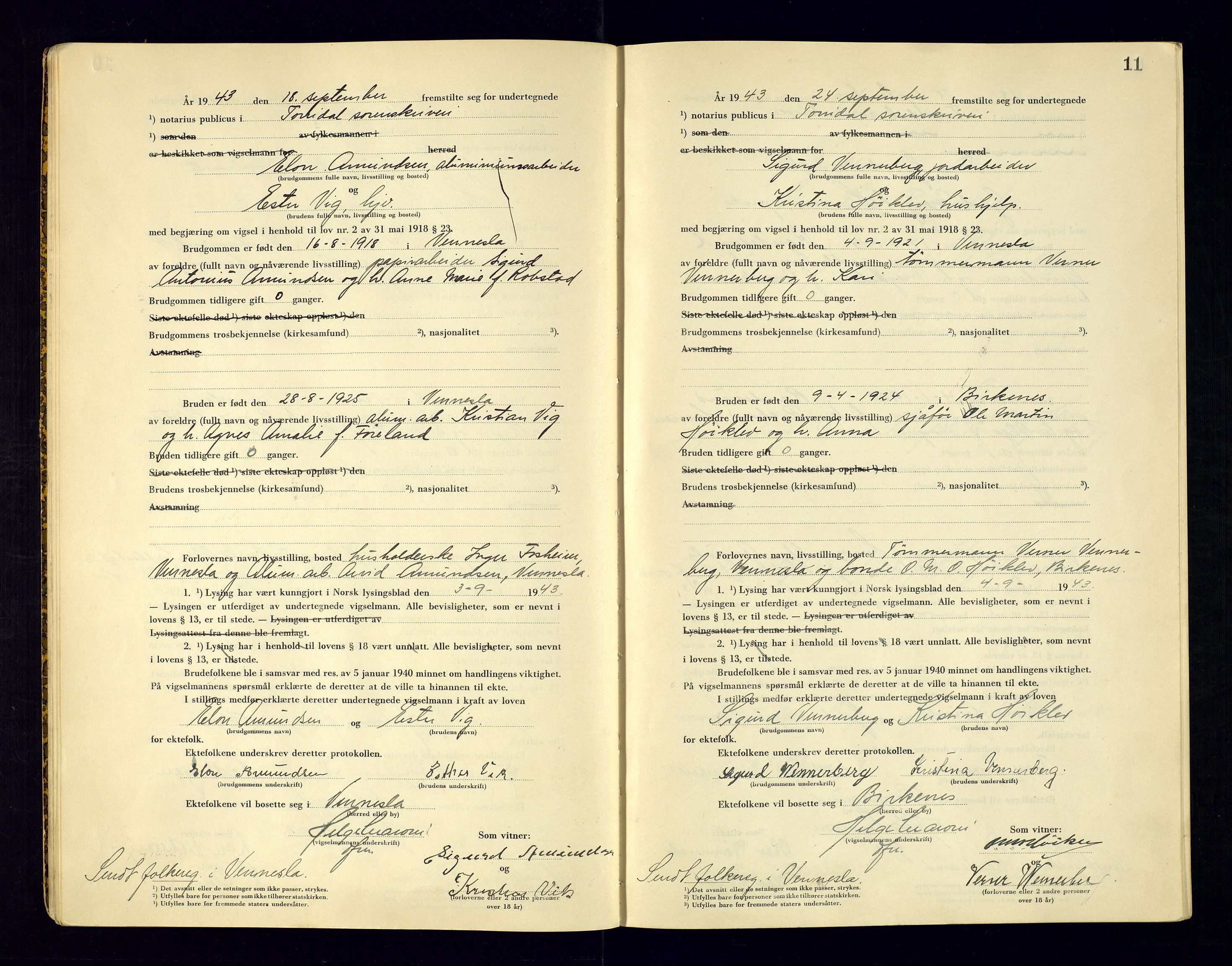Torridal sorenskriveri, AV/SAK-1221-0012/L/Ld/L0004: Vigselbok nr. 2, 1943-1946, p. 11