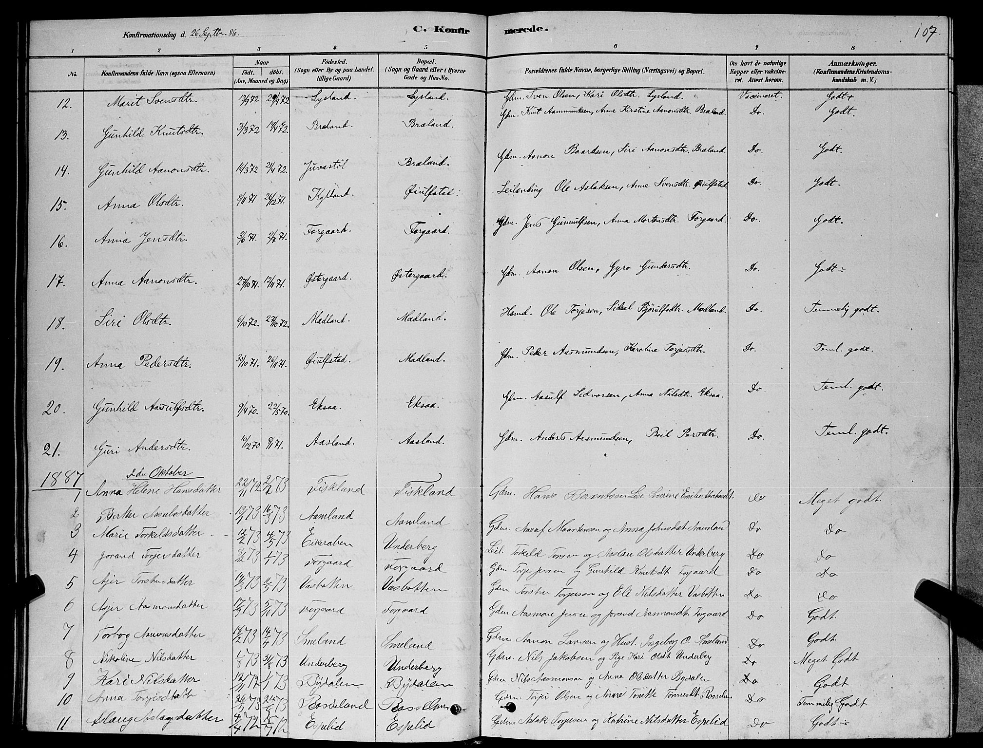 Åseral sokneprestkontor, SAK/1111-0051/F/Fb/L0002: Parish register (copy) no. B 2, 1878-1899, p. 107