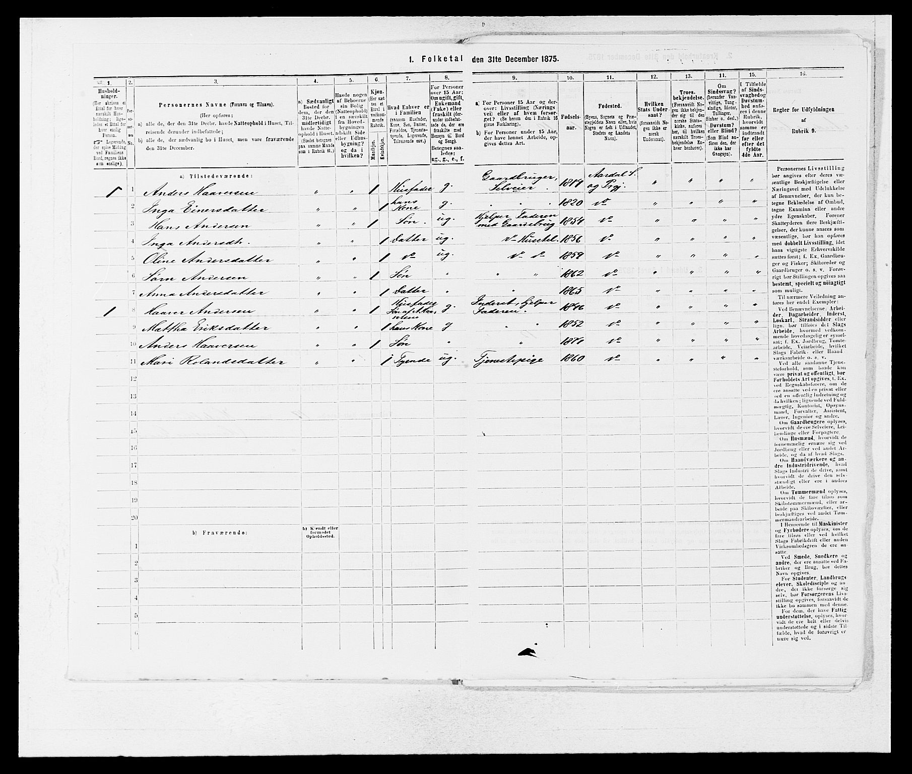 SAB, 1875 census for 1424P Årdal, 1875, p. 310