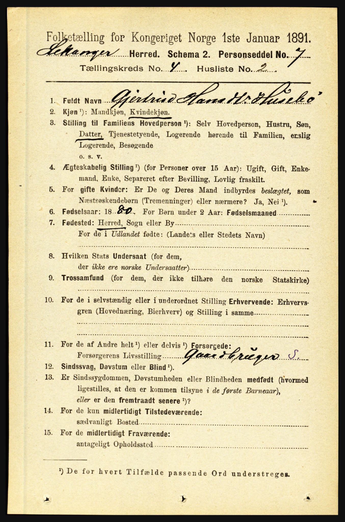 RA, 1891 census for 1419 Leikanger, 1891, p. 574