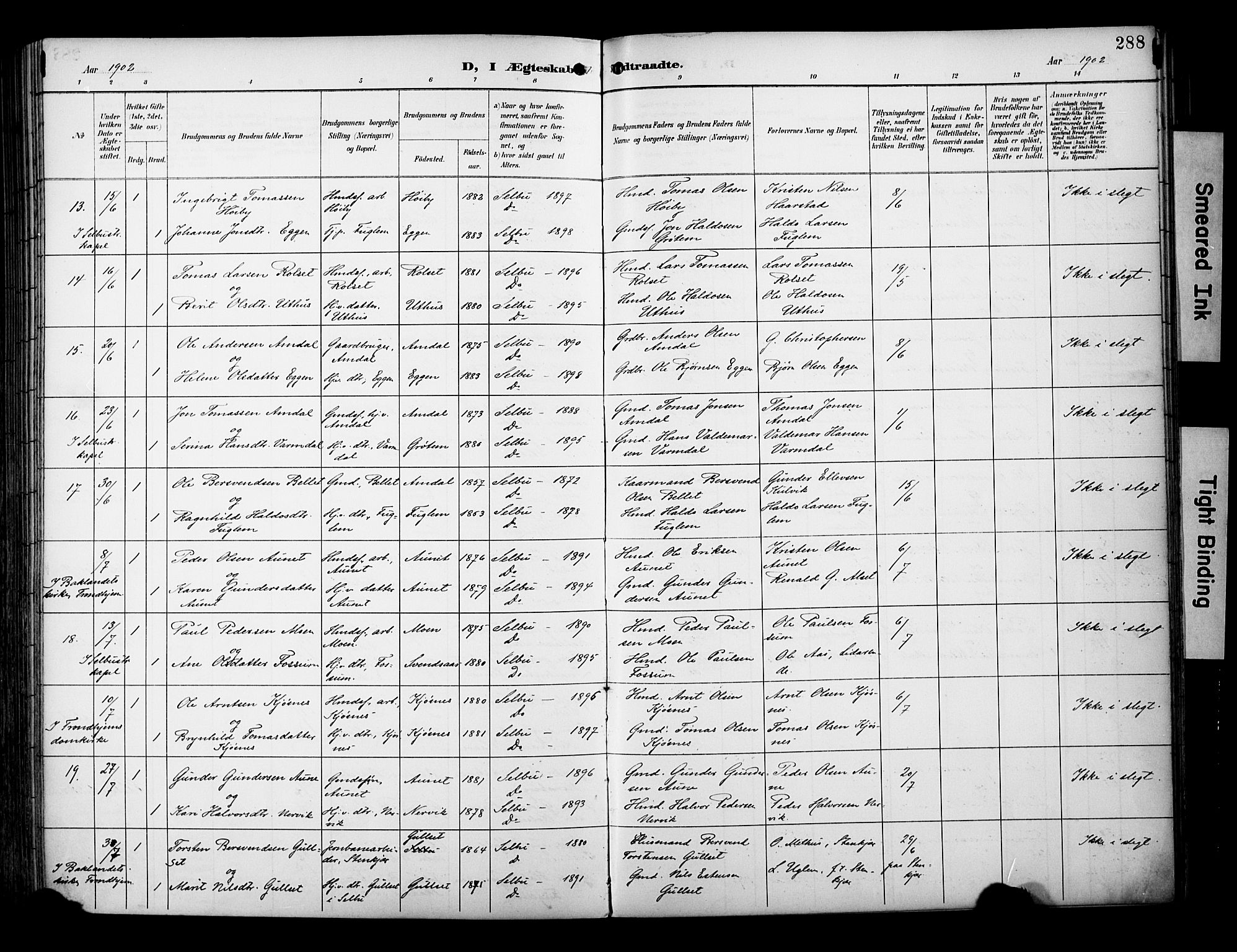 Ministerialprotokoller, klokkerbøker og fødselsregistre - Sør-Trøndelag, AV/SAT-A-1456/695/L1149: Parish register (official) no. 695A09, 1891-1902, p. 288