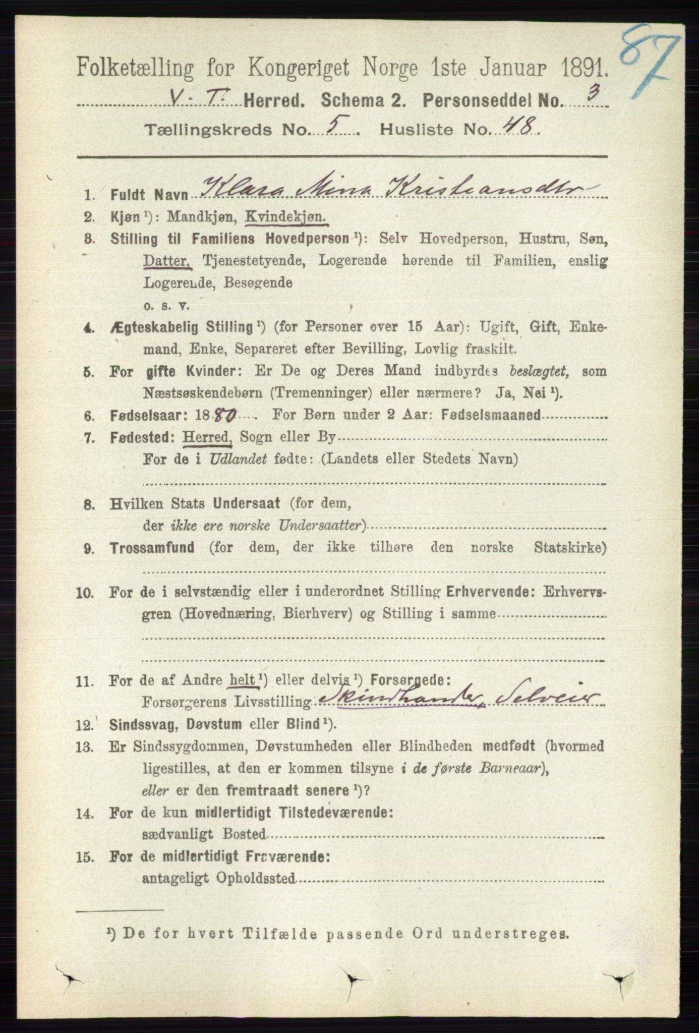 RA, 1891 census for 0529 Vestre Toten, 1891, p. 3476