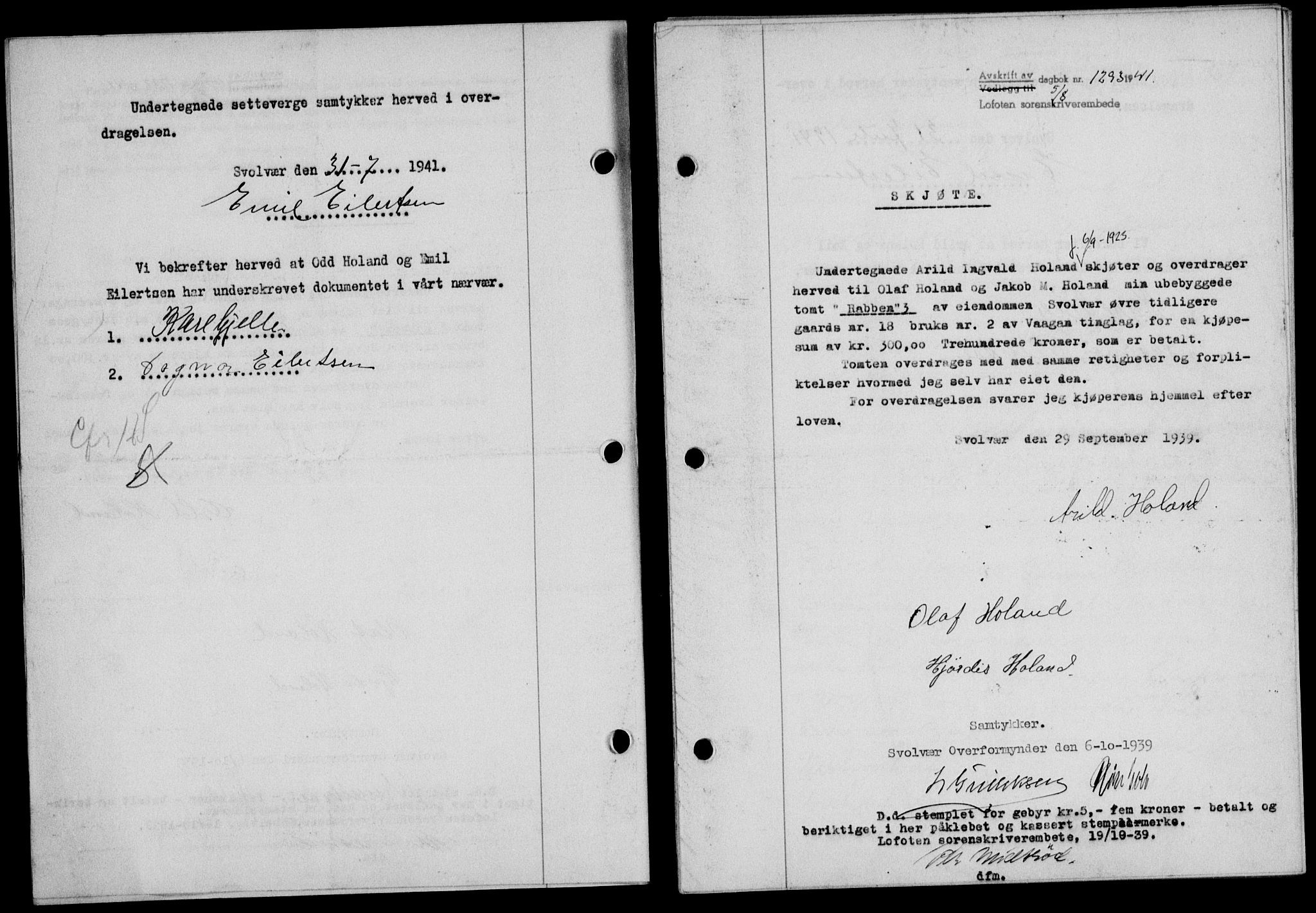 Lofoten sorenskriveri, SAT/A-0017/1/2/2C/L0008a: Mortgage book no. 8a, 1940-1941, Diary no: : 1293/1941