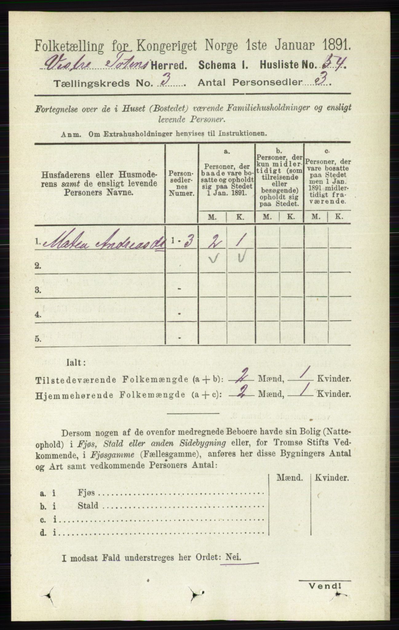 RA, 1891 census for 0529 Vestre Toten, 1891, p. 1918