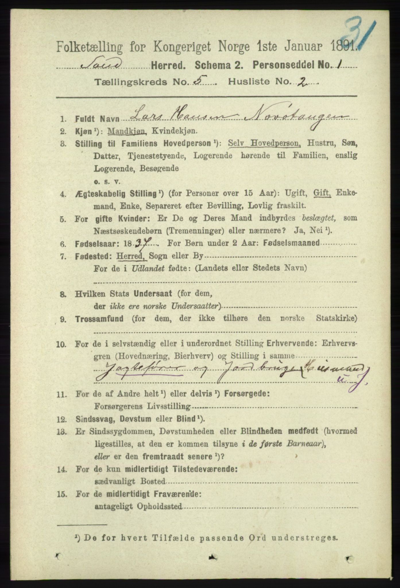 RA, 1891 census for 1136 Sand, 1891, p. 1553