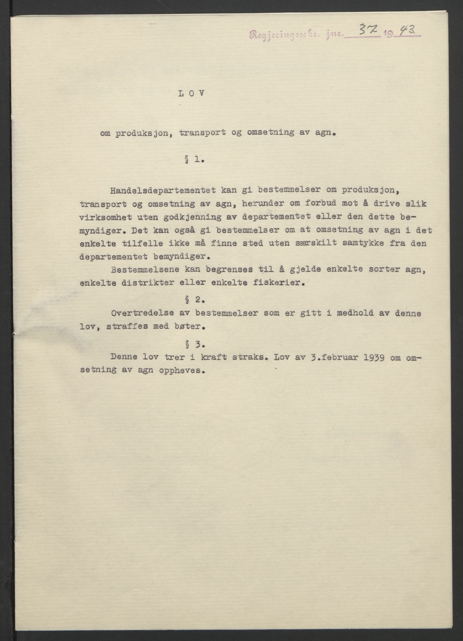 NS-administrasjonen 1940-1945 (Statsrådsekretariatet, de kommisariske statsråder mm), RA/S-4279/D/Db/L0099: Lover, 1943, p. 83