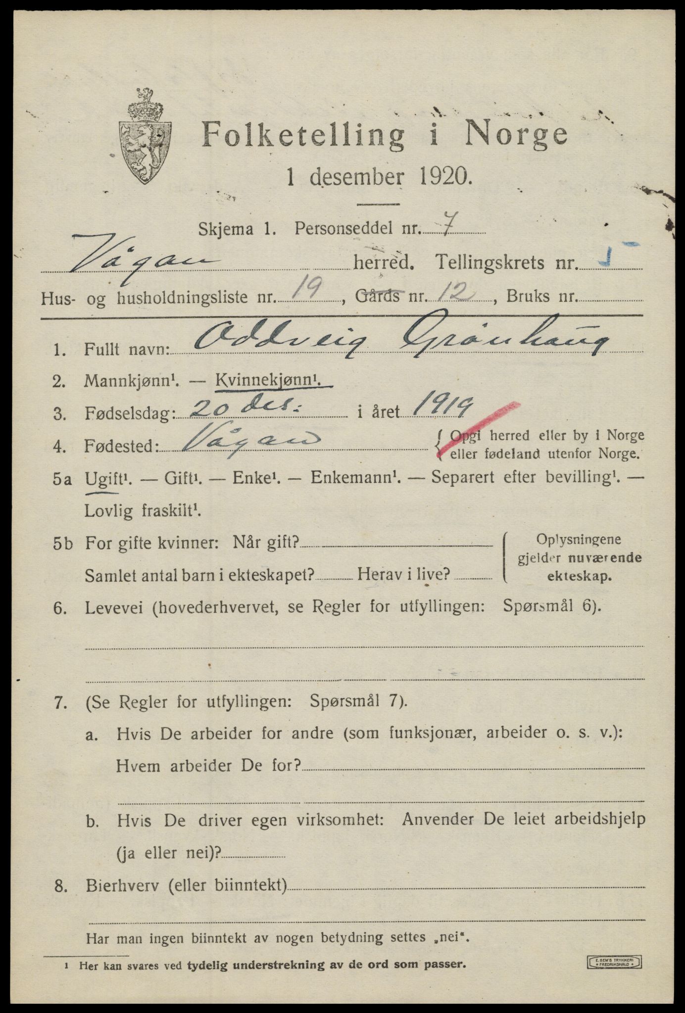 SAT, 1920 census for Vågan, 1920, p. 5385