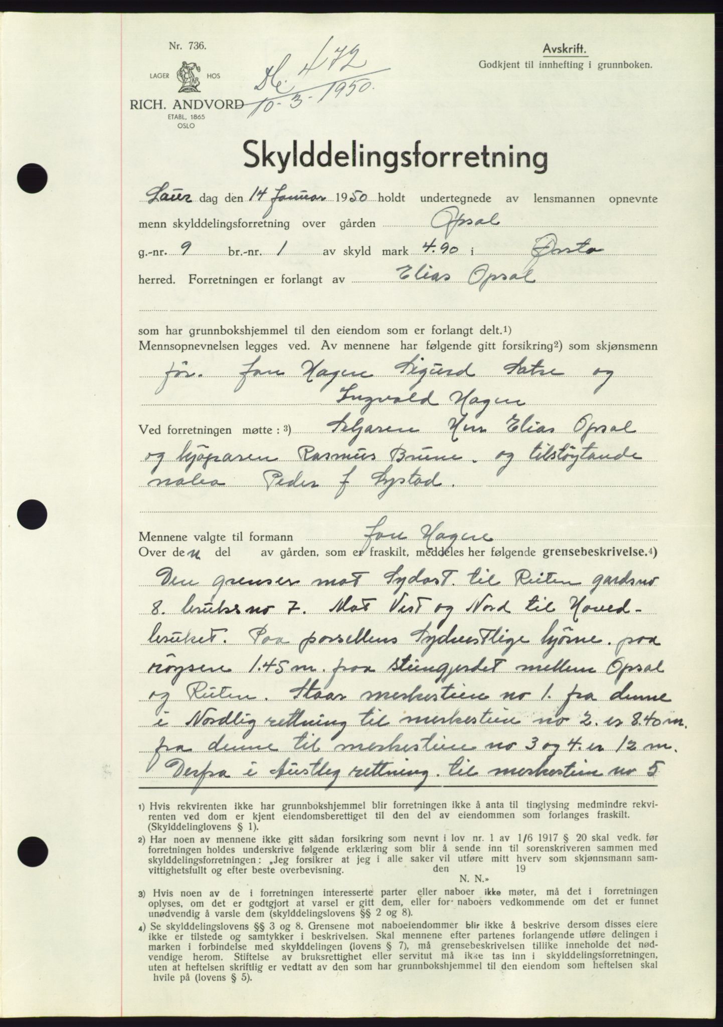 Søre Sunnmøre sorenskriveri, AV/SAT-A-4122/1/2/2C/L0086: Mortgage book no. 12A, 1949-1950, Diary no: : 472/1950