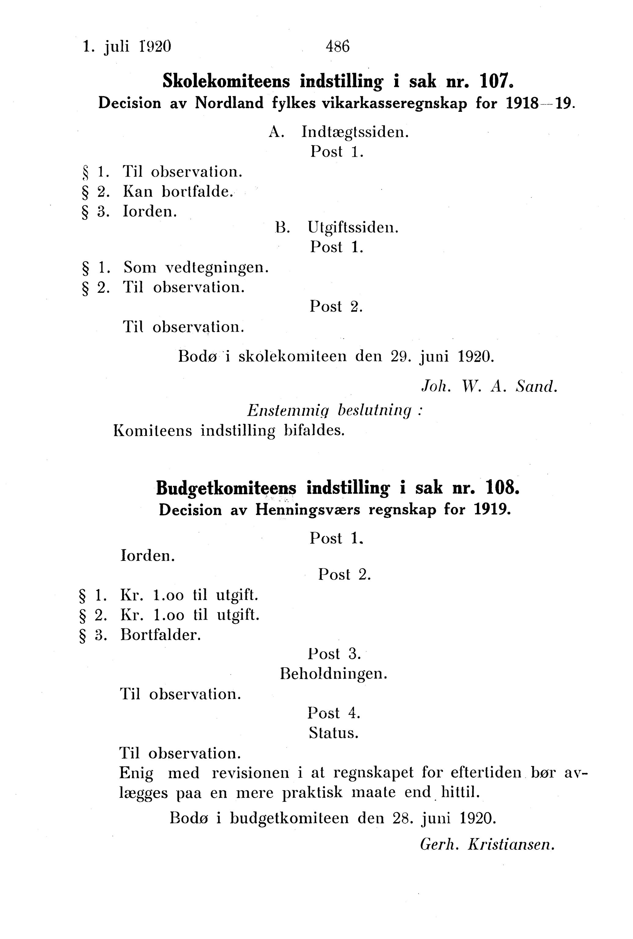 Nordland Fylkeskommune. Fylkestinget, AIN/NFK-17/176/A/Ac/L0043: Fylkestingsforhandlinger 1920, 1920