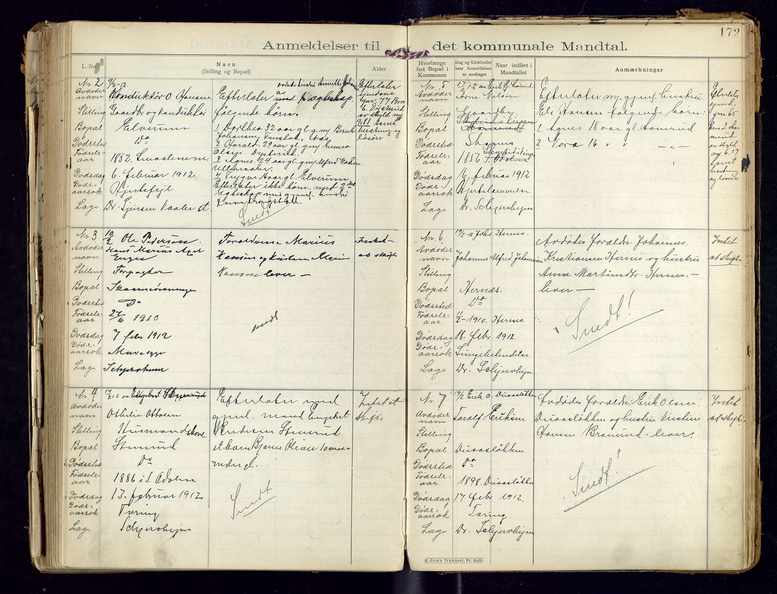 Sør-Odal lensmannskontor, AV/SAH-LHS-022/H/Hb/L0001/0002: Protokoller over anmeldte dødsfall / Protokoll over anmeldte dødsfall, 1901-1913, p. 172