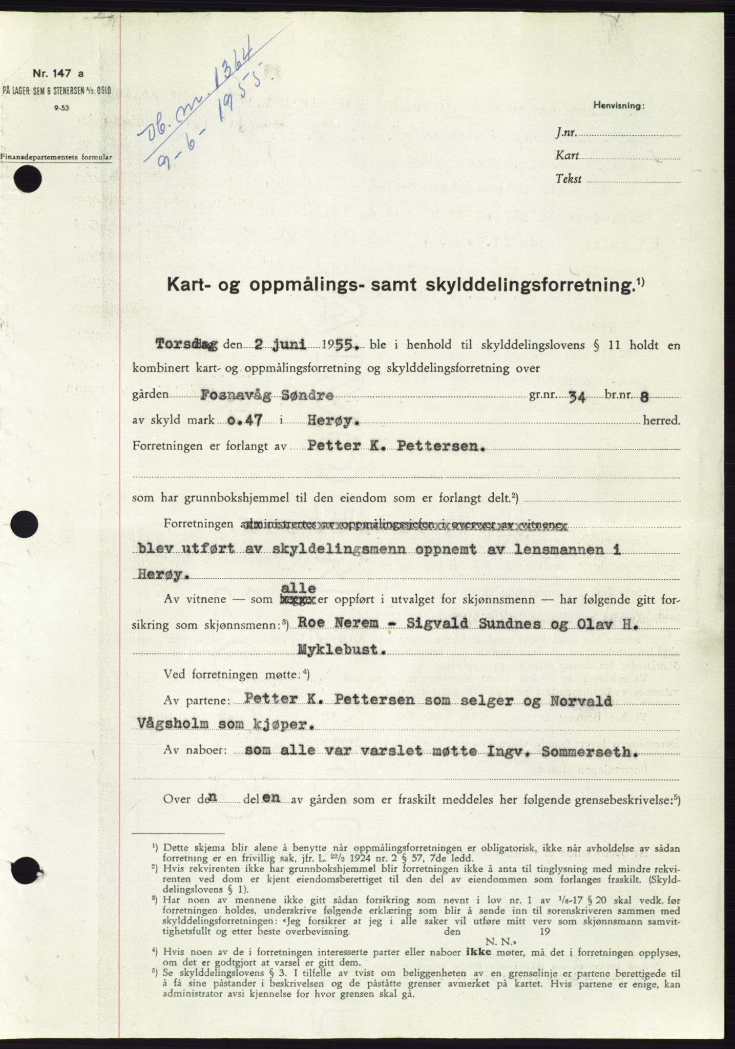 Søre Sunnmøre sorenskriveri, AV/SAT-A-4122/1/2/2C/L0101: Mortgage book no. 27A, 1955-1955, Diary no: : 1364/1955