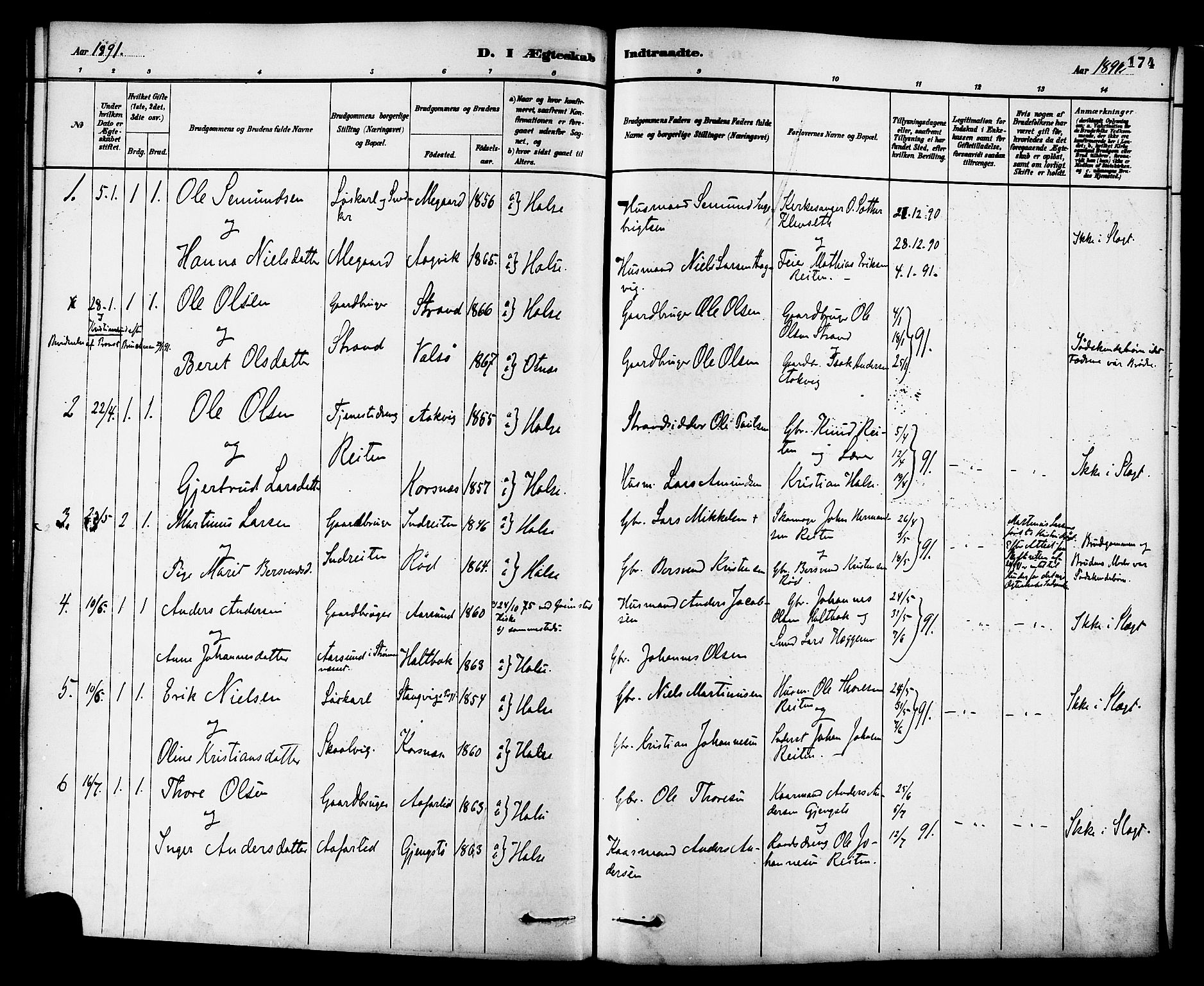 Ministerialprotokoller, klokkerbøker og fødselsregistre - Møre og Romsdal, SAT/A-1454/576/L0885: Parish register (official) no. 576A03, 1880-1898, p. 174