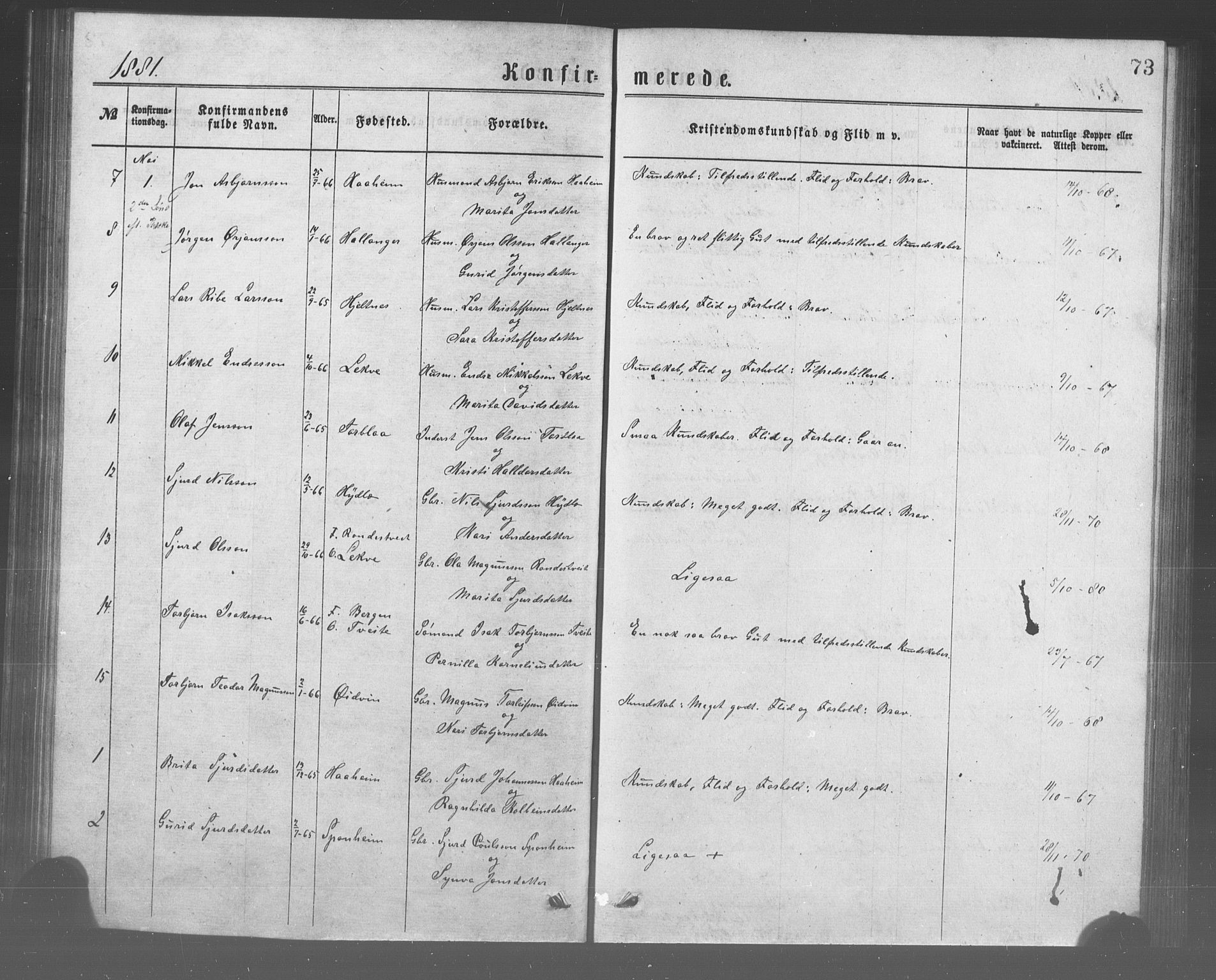 Ulvik sokneprestembete, SAB/A-78801/H/Haa: Parish register (official) no. A 17, 1873-1891, p. 73