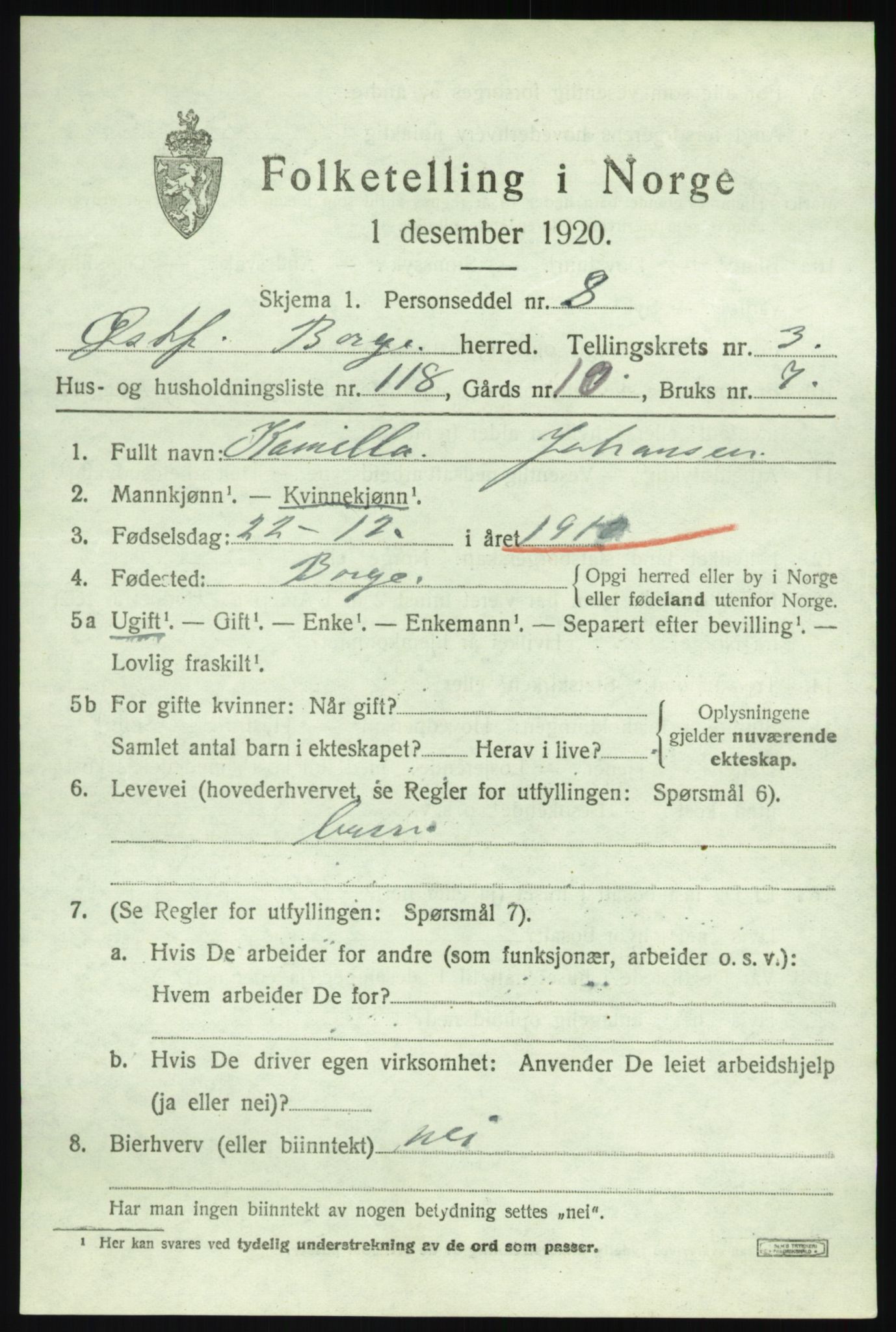 SAO, 1920 census for Borge, 1920, p. 5419