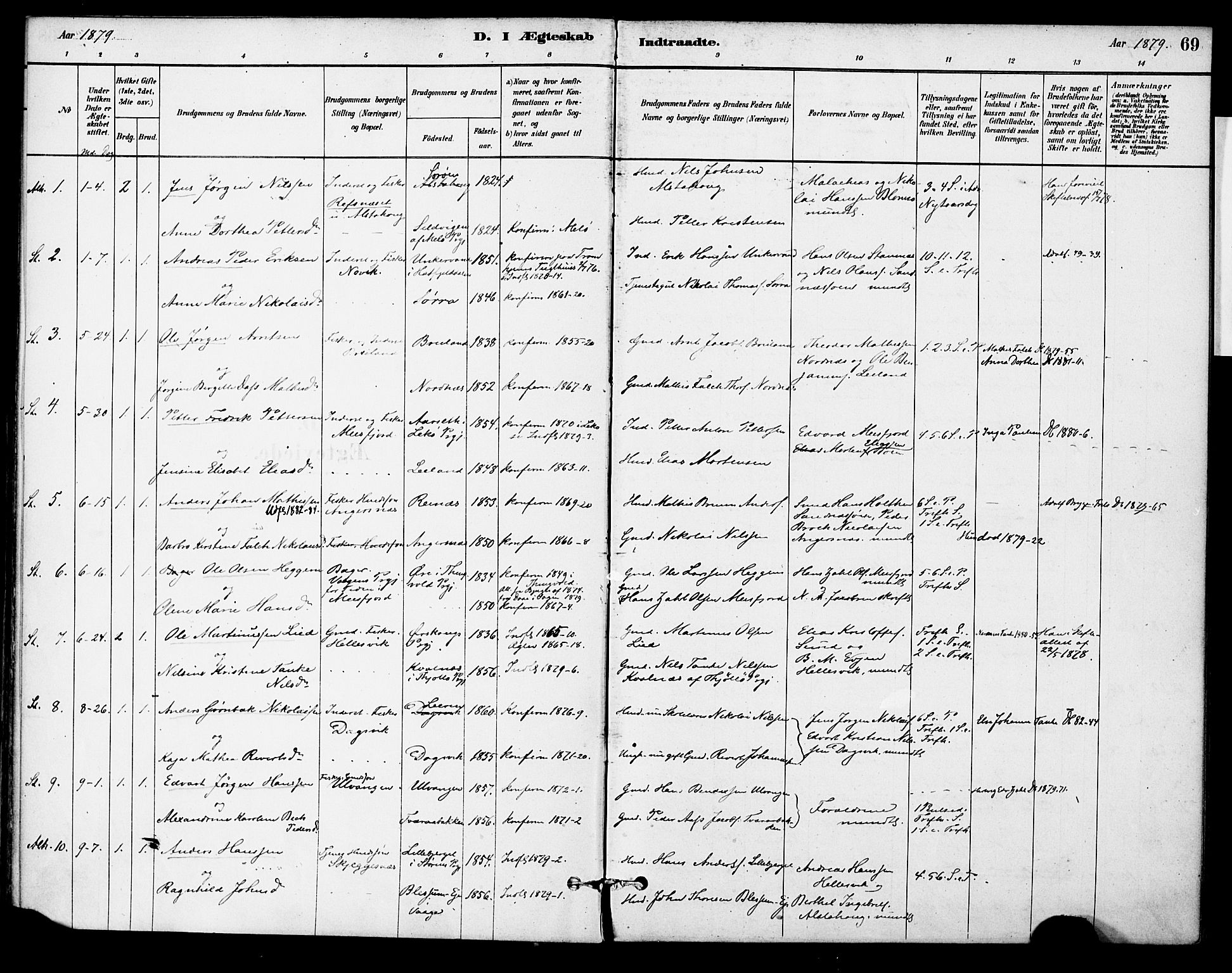 Ministerialprotokoller, klokkerbøker og fødselsregistre - Nordland, AV/SAT-A-1459/830/L0450: Parish register (official) no. 830A14, 1879-1896, p. 69