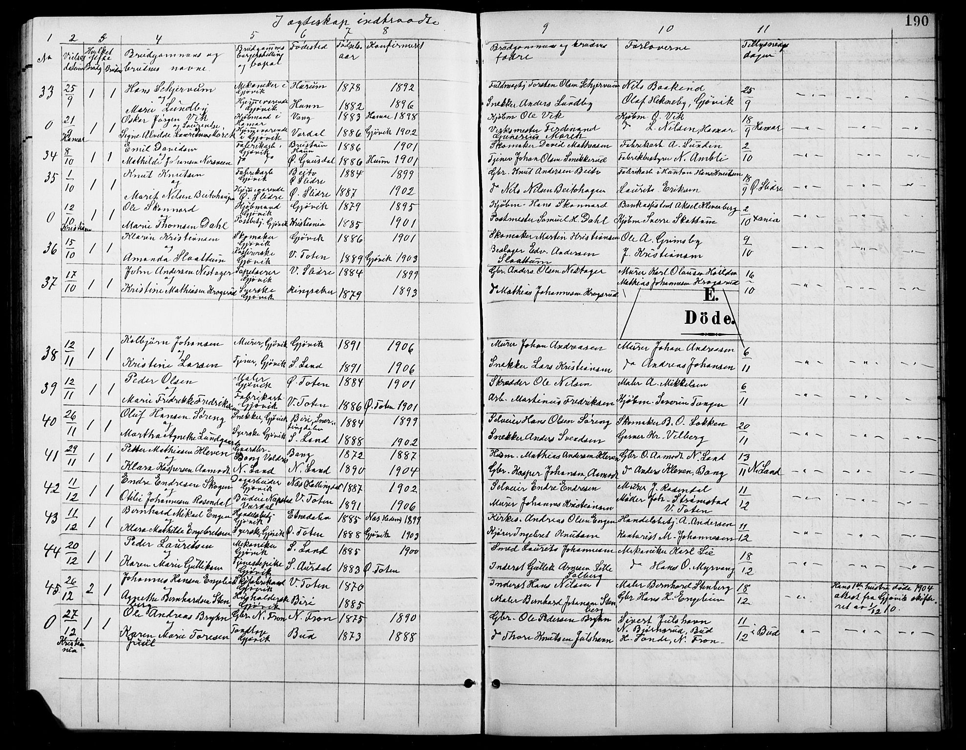 Vardal prestekontor, SAH/PREST-100/H/Ha/Hab/L0012: Parish register (copy) no. 12, 1902-1911, p. 190