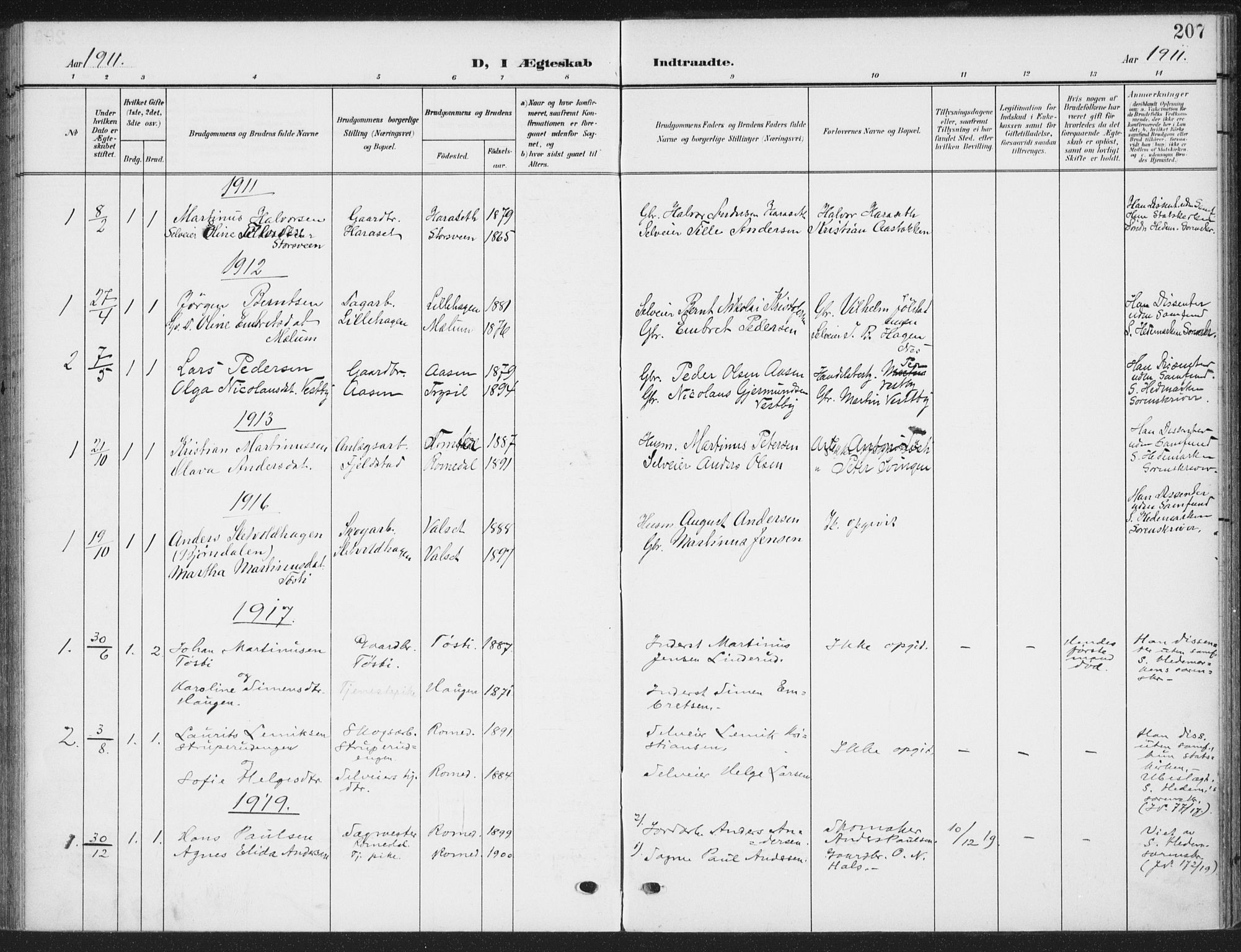 Romedal prestekontor, SAH/PREST-004/K/L0009: Parish register (official) no. 9, 1906-1929, p. 207